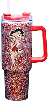 Spoontiques Betty Boop 40oz Glitter Acrylic Travel Mug - Double Wall Acrylic with Sliding Lock Travel Lid and Straw - 11" Tall
