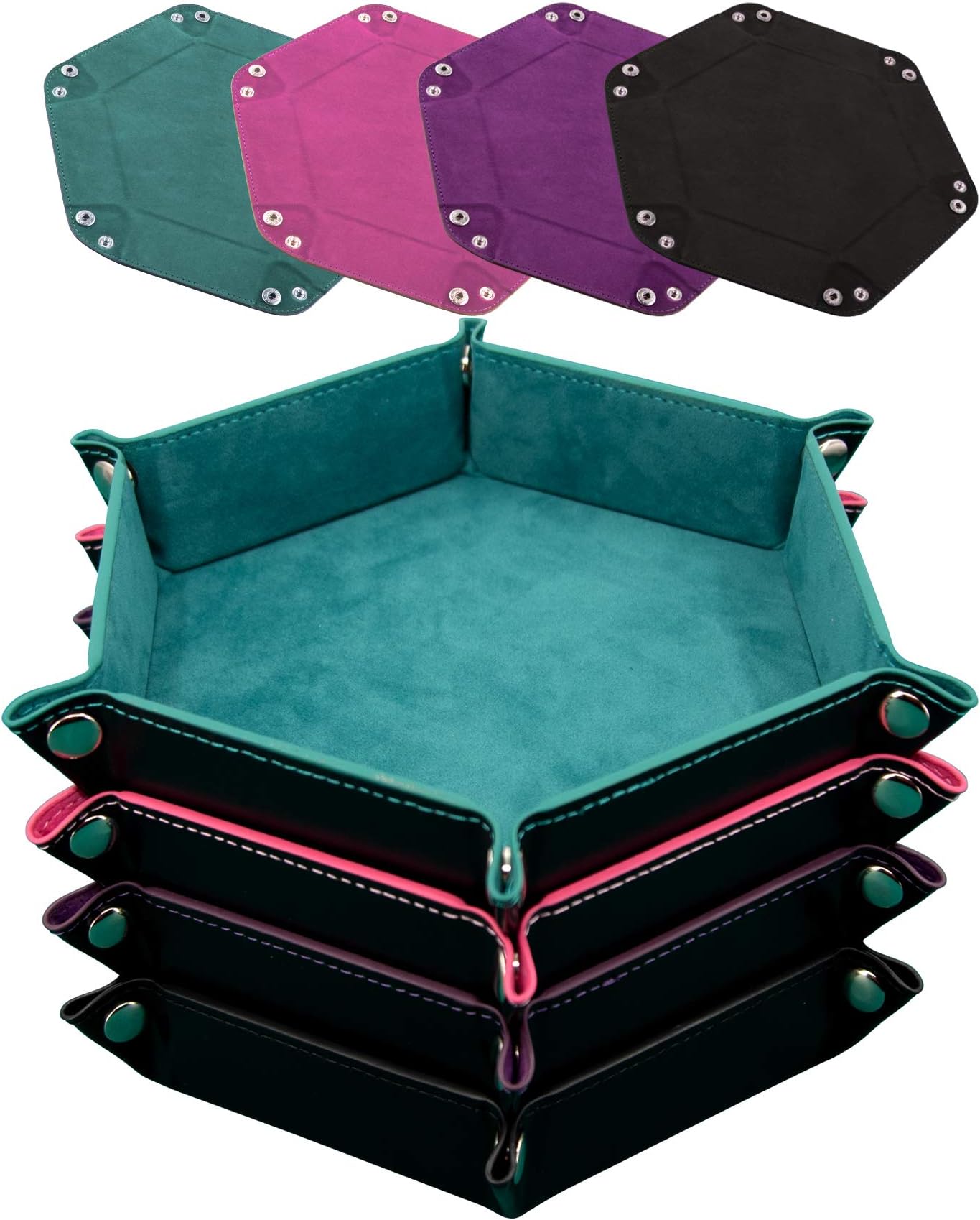SIQUK 4 Pieces Dice Tray Hexagon Dice Rolling Holder Folding PU Leather Dice Trays for Dice Games Like RPG, DND and Other Table Games (Cyan, Pink, Violet and Black)