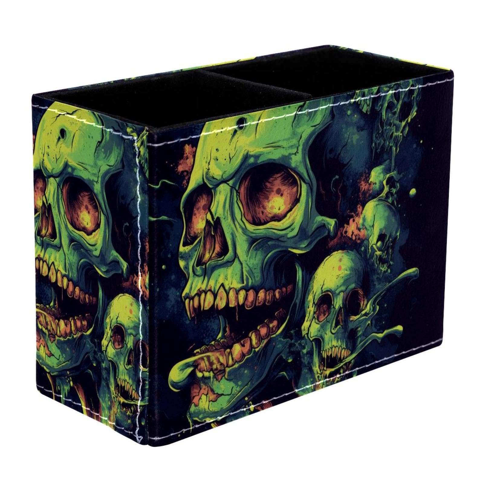 VAPOKF Spooky Zomble Skulls Pen Holder for Desk, 2 Compartments Pen Pot Pencil Holders Makeup Brushes Storage Desktop Stationary Supplies Organiser for Home Office