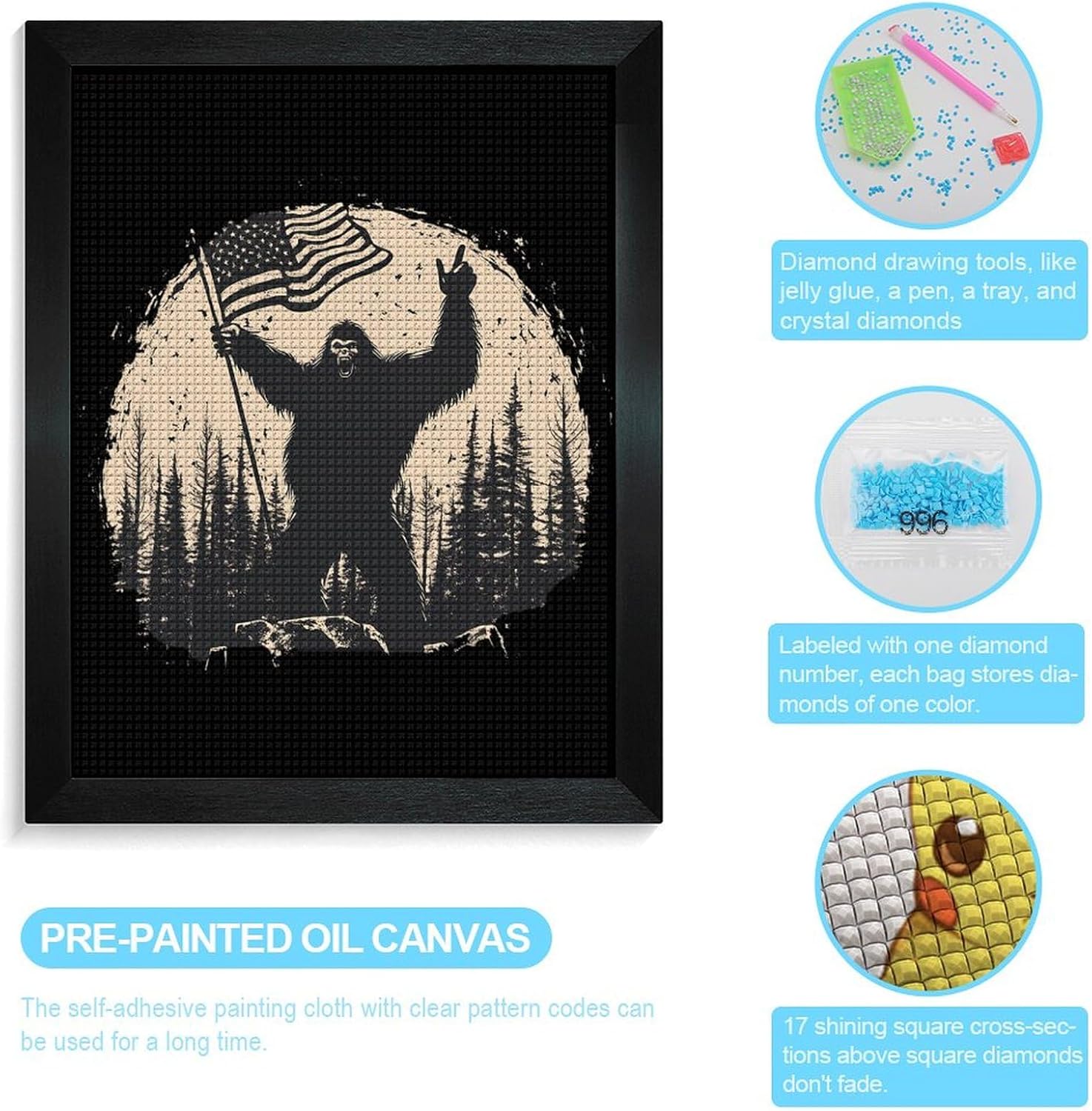 Bigfoot Holding U.S Flag Diamond 5D Painting Kits with Frame DIY Full Round Drill Gem Art Crafts for Home Wall Decor 16 X 20in Blackwood 40 * 50cm