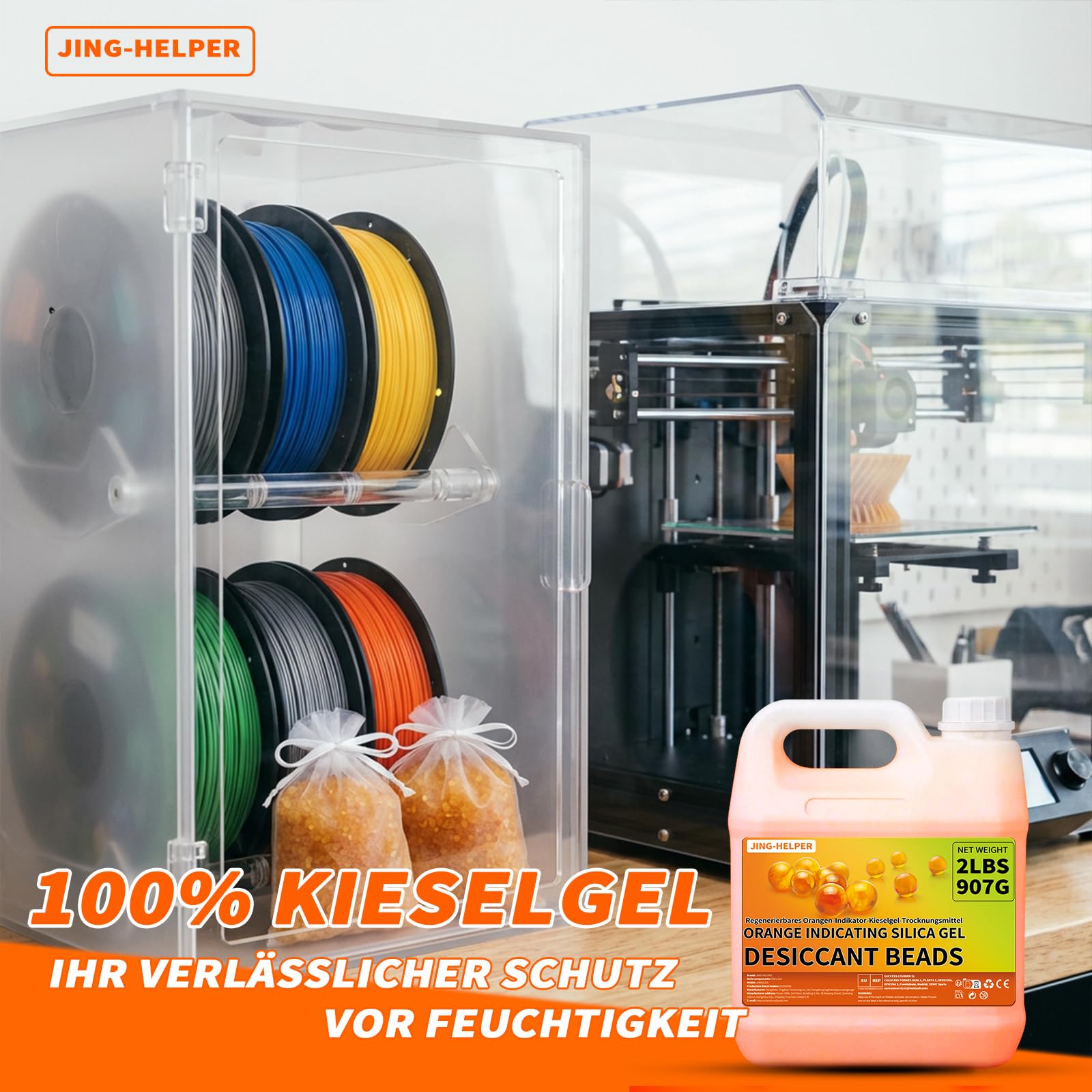 Orange Silica Kugeln 907G, Wiederverwendbare Indikator-Silikat Trockenmittel 3-5mm, Silikagel Desiccant für 3D-Druckfilamente, Elektronik, Kameras, Schmuck (Enthält 10 Organzabeutel)