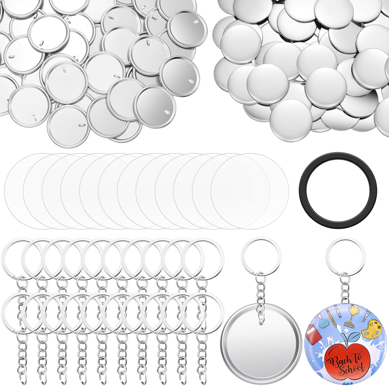 Tondiamo 50 Sets 58 mm/ 2.25 Inch Button Maker Keychains Supplies Metal Button Badge Sets Including Metal Shell, Plastic Film, Backing Parts, Keychain for Maker Machine DIY Gifts (Tinplate Base)