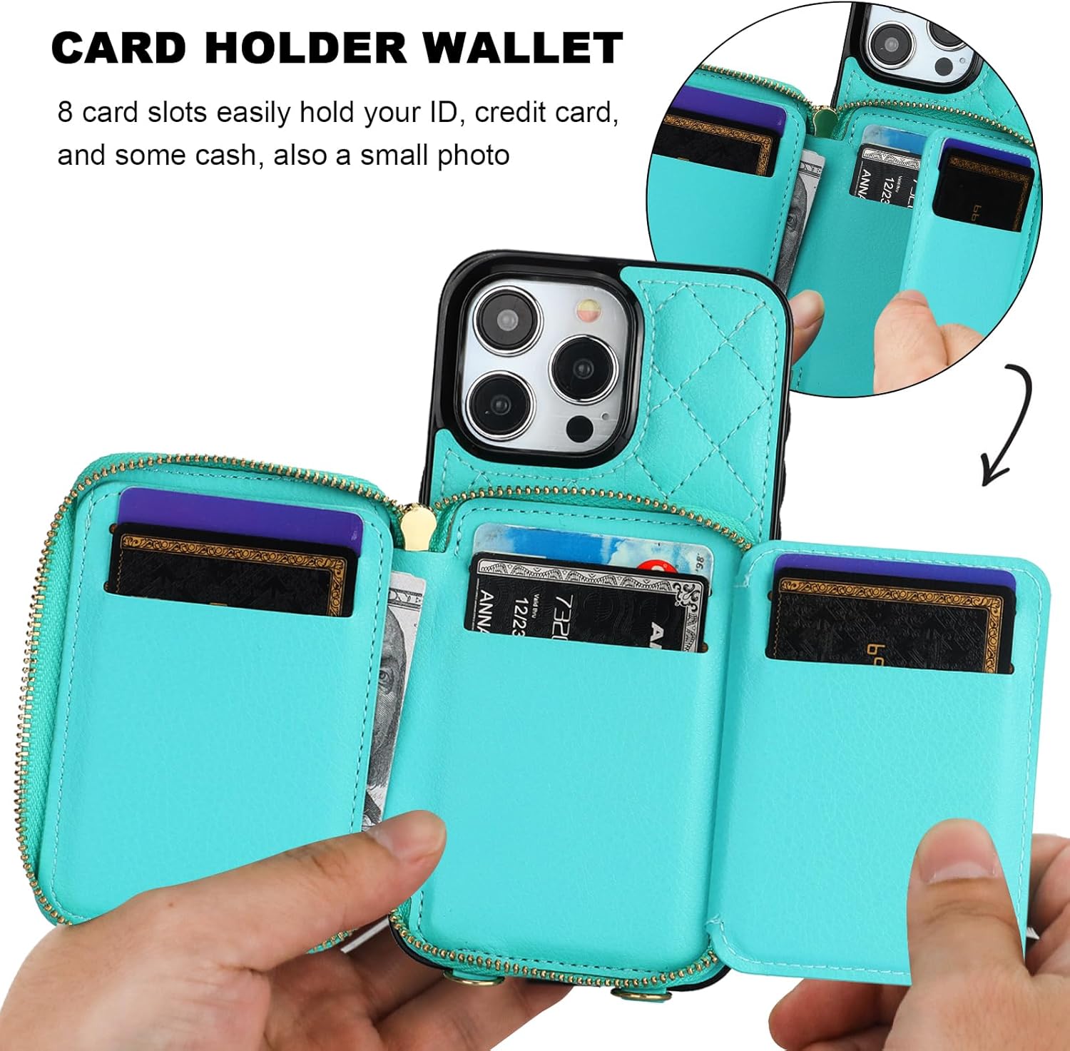 Bocasal Crossbody Wallet Case for iPhone 15 Pro Max, RFID Blocking PU Leather Zipper Handbag Purse Flip Cover, Kickstand Folio Case with Card Slots Holder Wrist Strap Lanyard 5G 6.7 Inch (Mint Green)