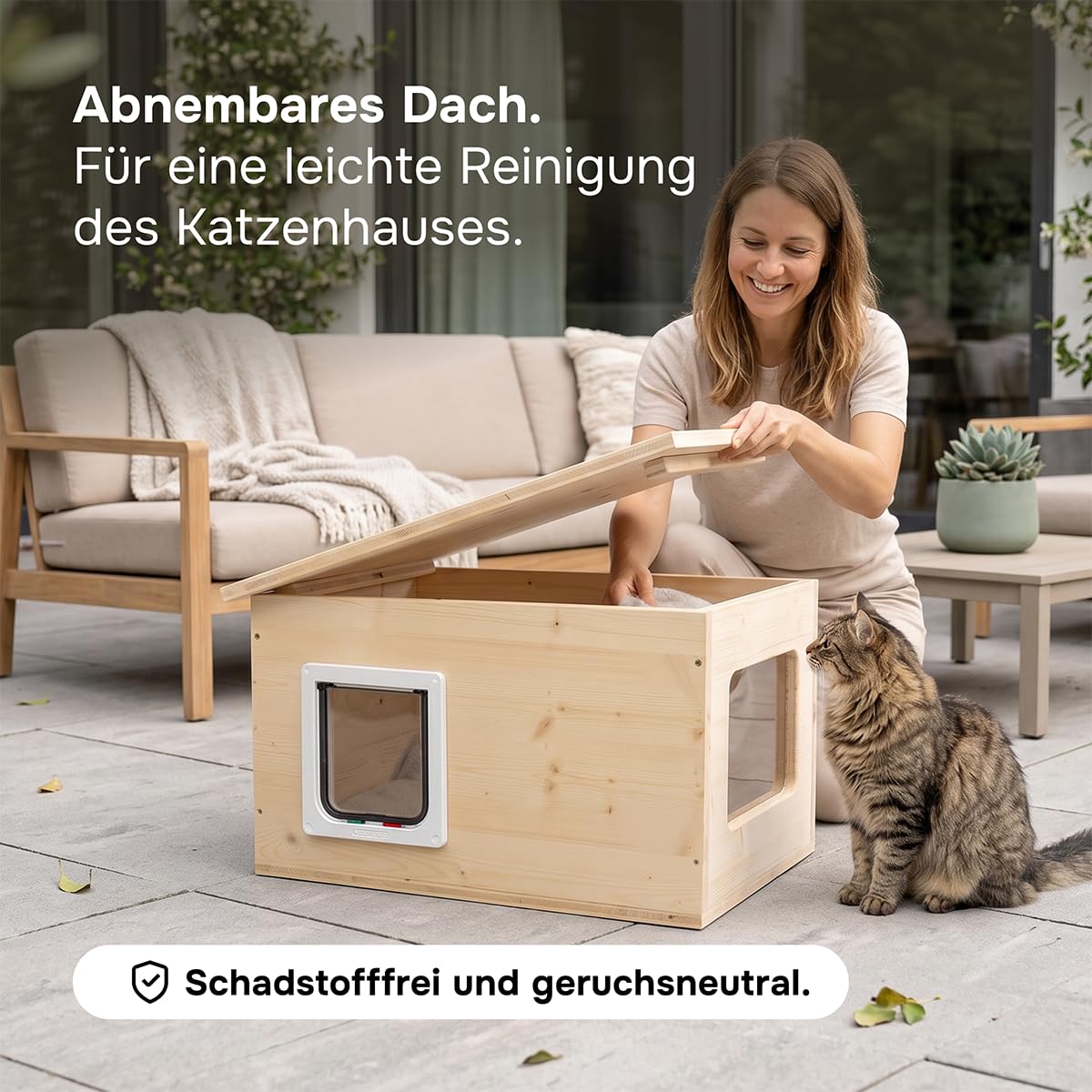 catcabin Katzenhaus für Draußen, Winterfest, Isoliert, Massivholz, Made in Germany, Outdoor Katzenhöhle (ohne Isolierung, Dach Siebdruck, Fichte-Fenster)