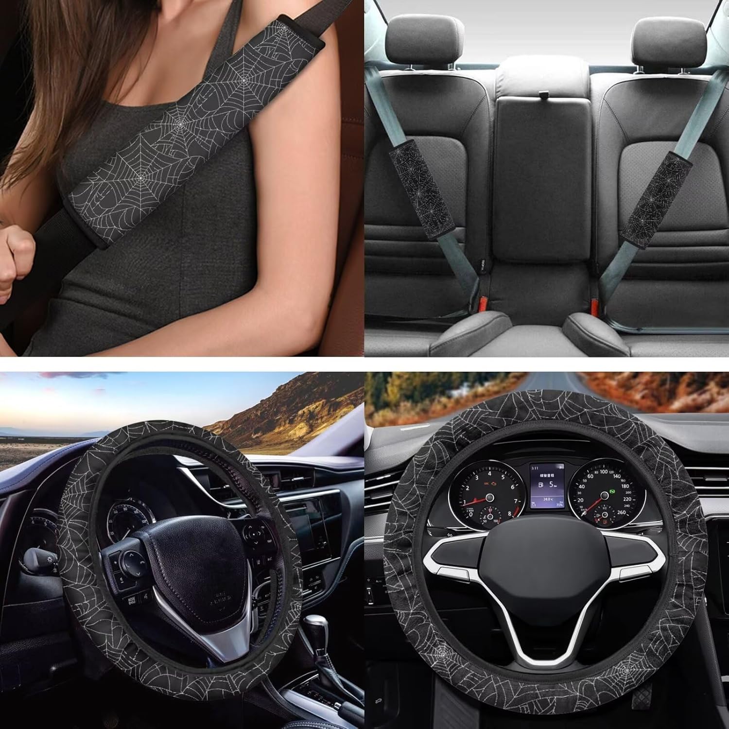Spider Web Car Seat Covers Full Set with Floor Mats,Spider Web Car Steering Wheel Cover,Seat Belt Cover Pad Universal Fit for Most Cars Trucks SUVs Auto Interior Accessories