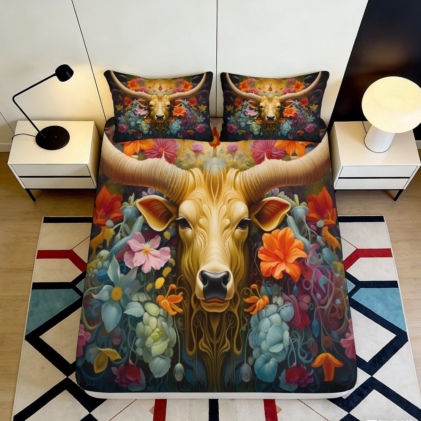 3D Printed Bull Floral Fitted Sheet Microfiber Soft Anti-Slip Mattress Cover for Bedroom Guest Room Dorm Decor 90x200x25cm