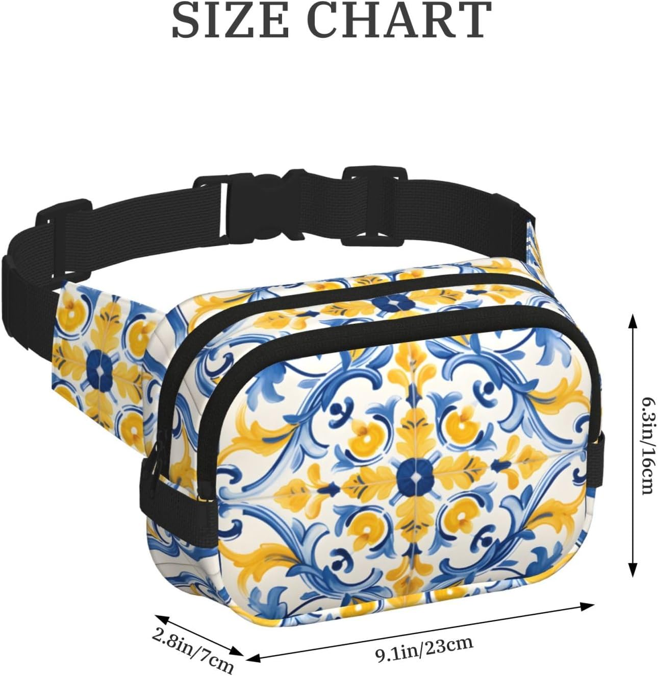 Yellow Blue Ornament Tiles Fanny Pack for Women Men Fashion Waist Packs with Adjustable Strap Crossbody Belt Waist Bag for Hiking Running Travel