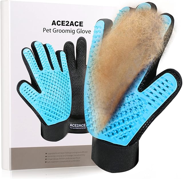 ACE2ACE Cat Dog Grooming Glove, Pet Brush Grooming Glove Mitt,Cat Hair Shedding Remover Glove, Massage Tool with Five Finger Design, for Dog, Cat, Horse with Long & Short Fur, 1 Pair