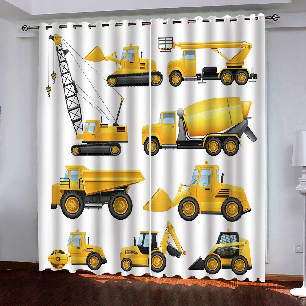 Rideau salon occultant blanc 140x280 cm pour chambre d'enfant motif véhicule de construction