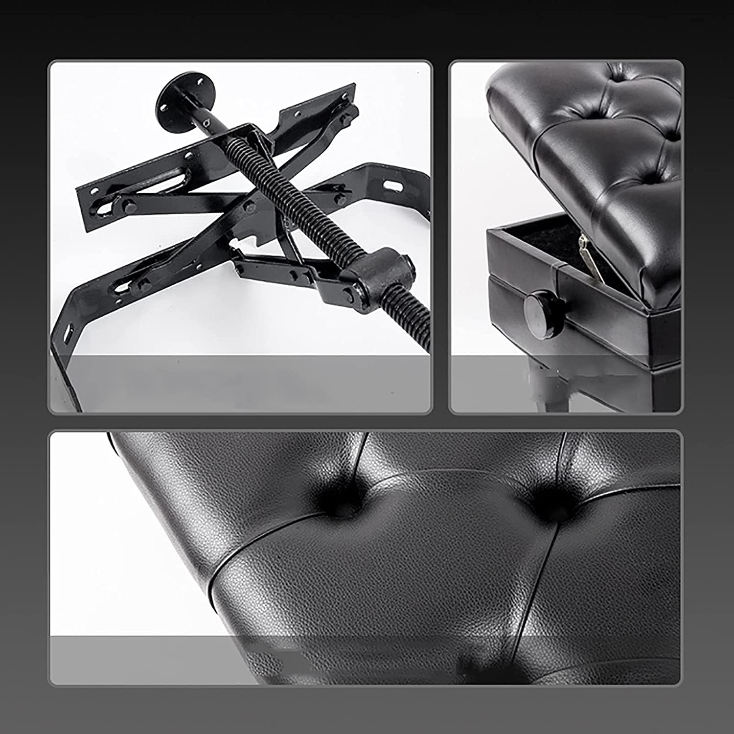 Klavierhocker, Bank, Frisiertisch, verstellbar mit automatischer hydraulischer Hebevorrichtung, Staufach aus Massivholz und gepolstertem Sitz (schwarz Schwarz)