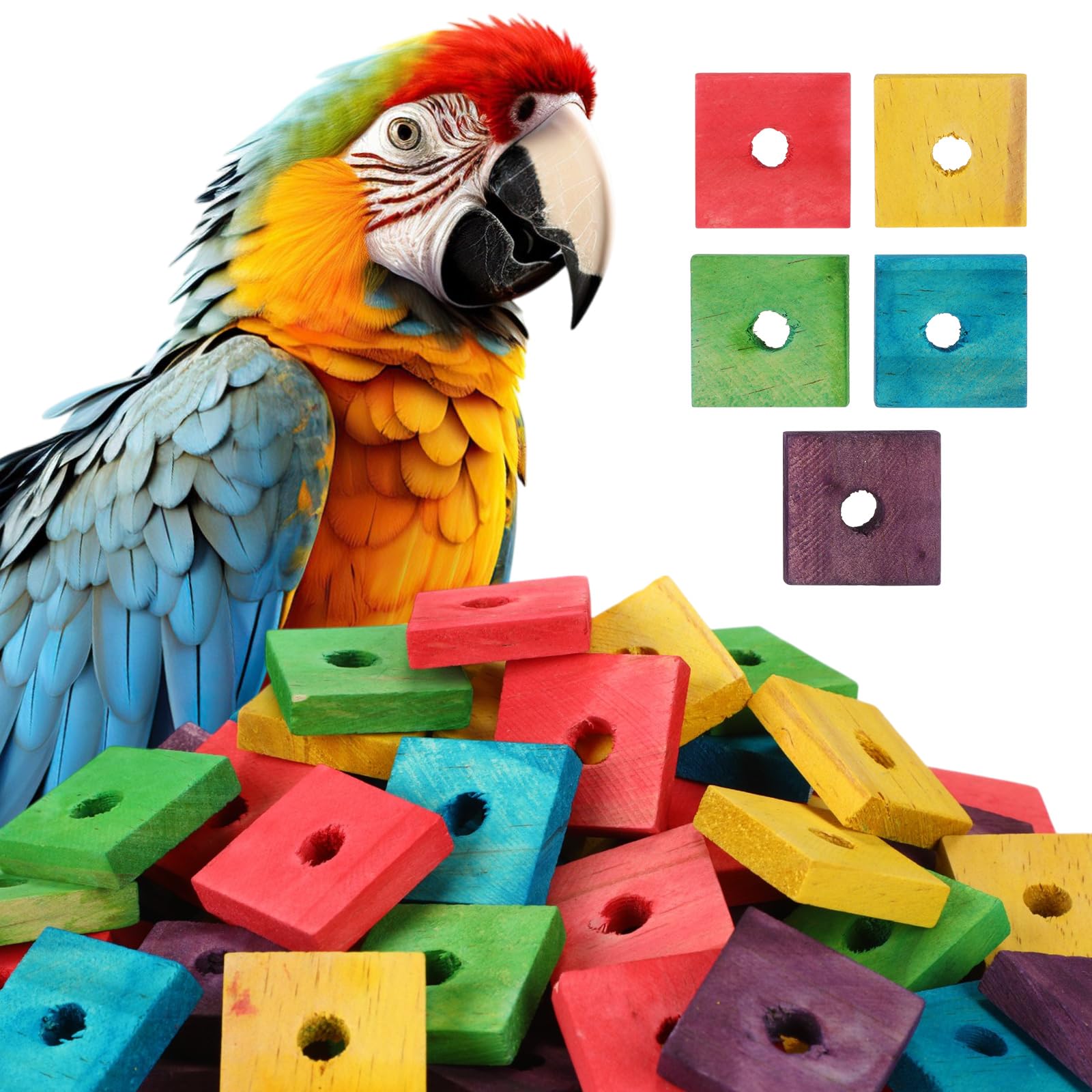 Sumind 80 Pieces Bird Toy Wooden Blocks Parrot Chewing Toys Mini Wood Chips Small Animals Cage Accessories for DIY Playing Chewing Shredding Mixed Large Bird Toys, Random Color