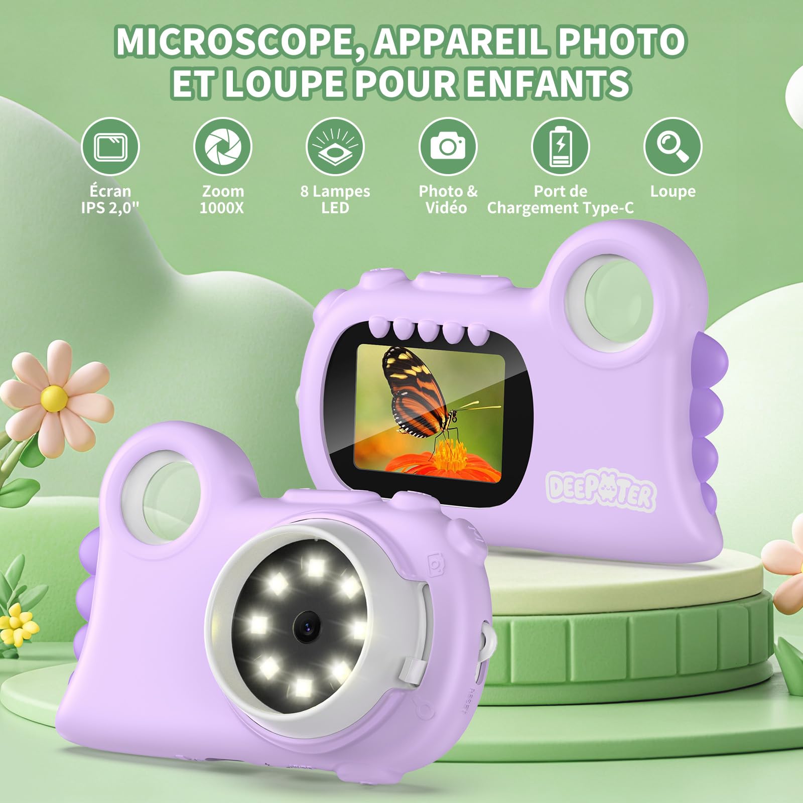 2 en 1 Microscope Enfant Portable pour 3-12 Ans Étudiants (Violet)
