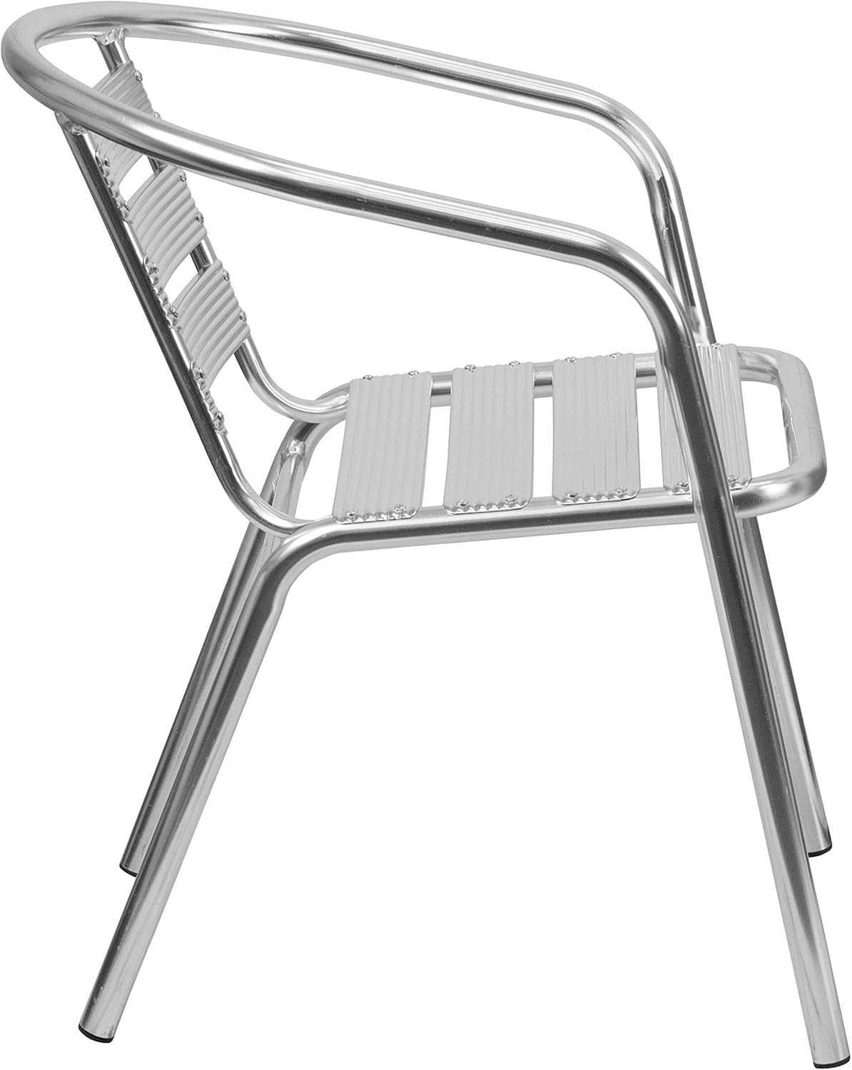 Bowery Hill Metal Stacking Patio Chair, 29" H x 22" W x 24" D, Aluminum Frame, Silver Finish, Lightweight Design, Curved Slat Back, Integrated Arms, Indoor or Outdoor Seating with Plastic Floor Glides