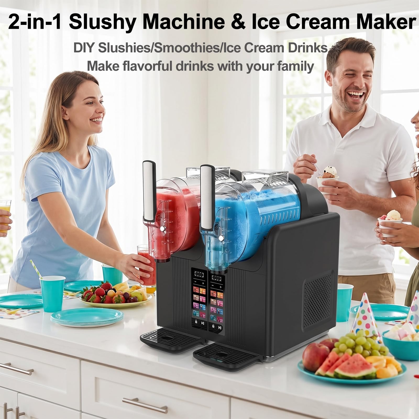 Slush Eis Maschine & Eismaschine 2-in-1, Zwei Tanks, Schwarz | 7 Voreingestellte Programme, Für Margaritas, Frappés, Milchshakes, Selbstreinigung, Privater und Gewerblicher Gebrauch