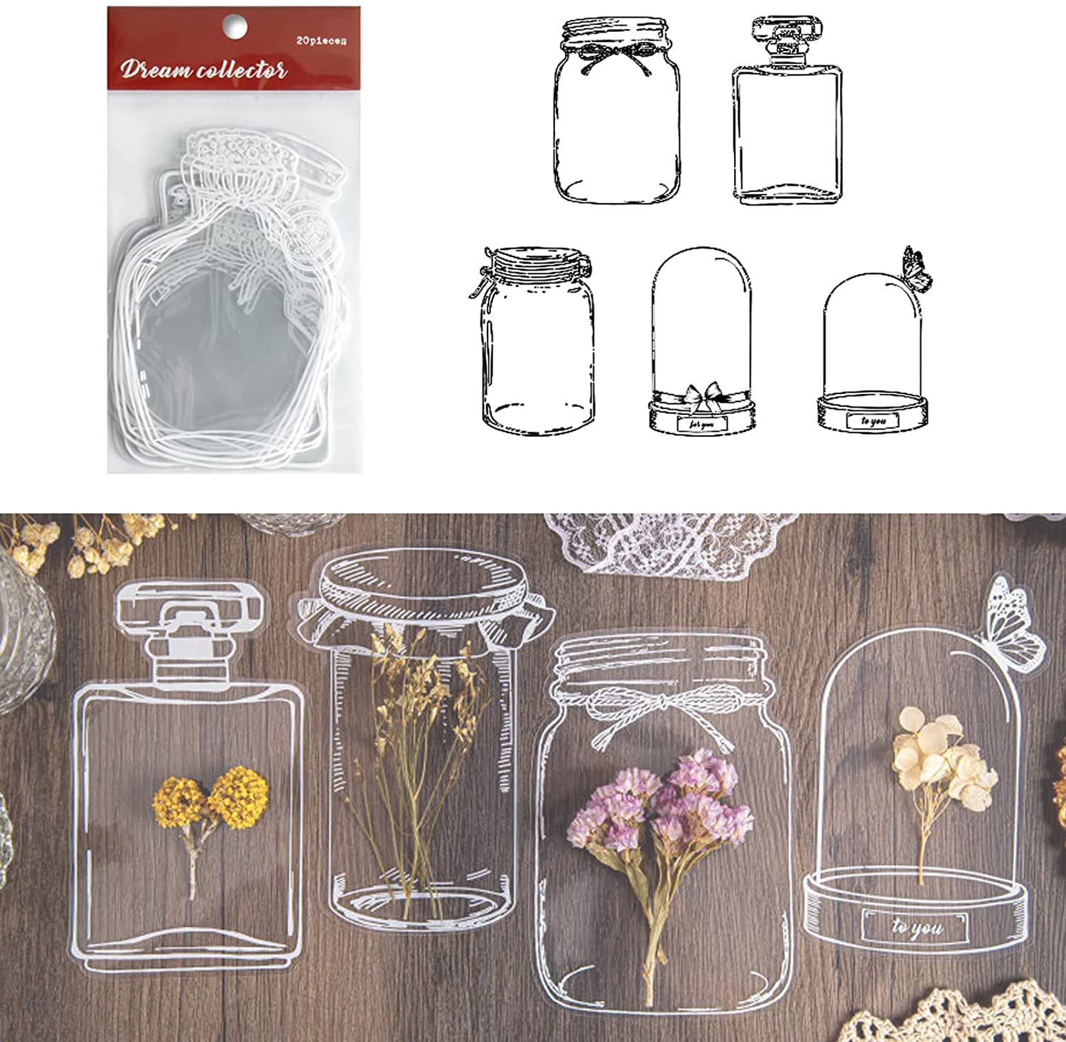 20PCS Transparent Dried Flower Bookmarks, Dried Flower Bookmarks Craft, Clear Drift Bottle Bookmark, Flower Page Clips Bookmarks, Handmade DIY Transparent Beautiful Flower Page, Glassware Stickers (A)