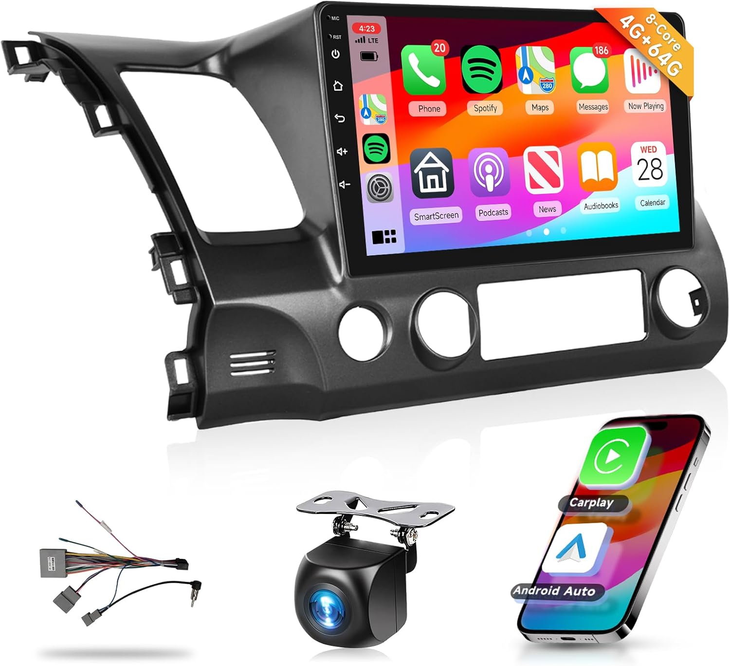 8 Core 4G+64G Car Radio Stereo for Honda Civic 2006-2011 with 10.1" 1280 * 720 IPS Touch Screen/DSP 46EQ/Wireless CarPlay/Android Auto/BT 5.0/GPS/FM/RDS/WiFi/4G LET/MirrorLink/Backup Camera