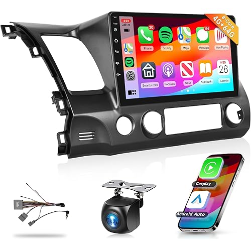 8 Core 4G+64G Car Radio Stereo for Honda Civic 2006-2011 with 10.1" 1280 * 720 IPS Touch Screen/DSP 46EQ/Wireless CarPlay/Android Auto/BT 5.0/GPS/FM/RDS/WiFi/4G LET/MirrorLink/Backup Camera