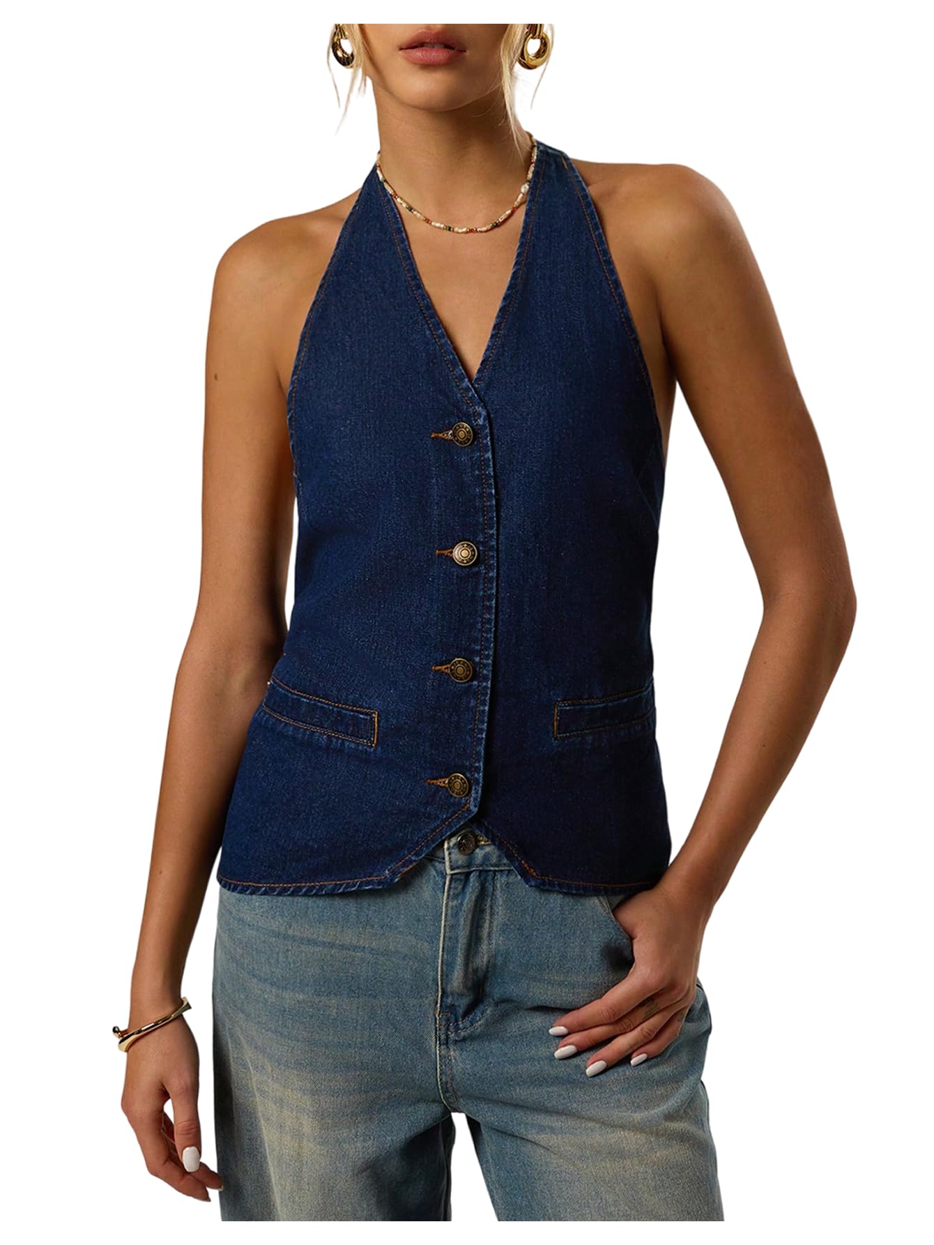 Verdusa Womens Tie Back Button Up Denim Vest Backless Sleeveless Halter Jean Tops