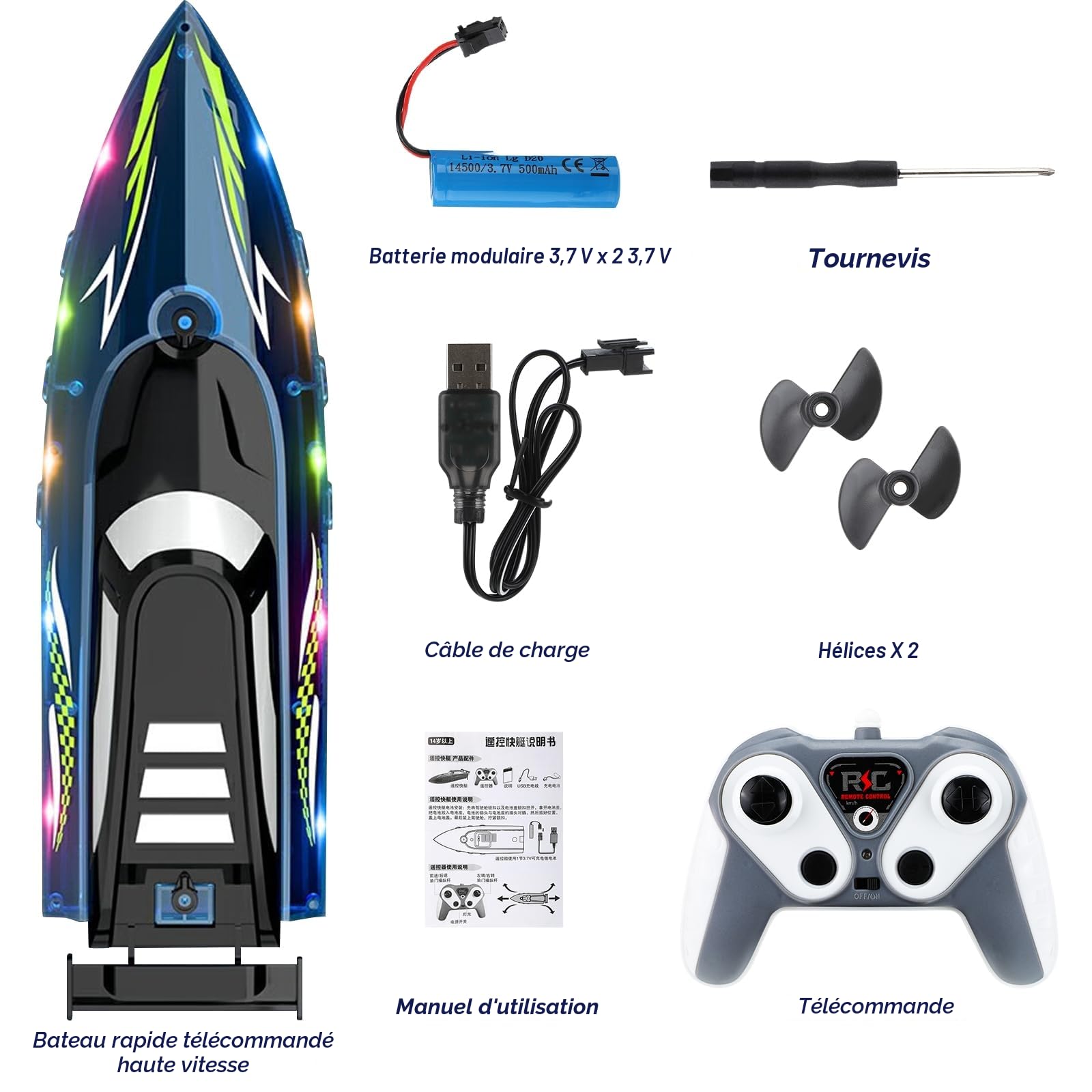 Bateau télécommandé, Bateau électrique Grande Vitesse étanche 2,4 GHz avec 2 Piles Rechargeables et lumière LED, Ship Course électrique sans pour Enfants Adultes Piscine lac rivière (Blue)
