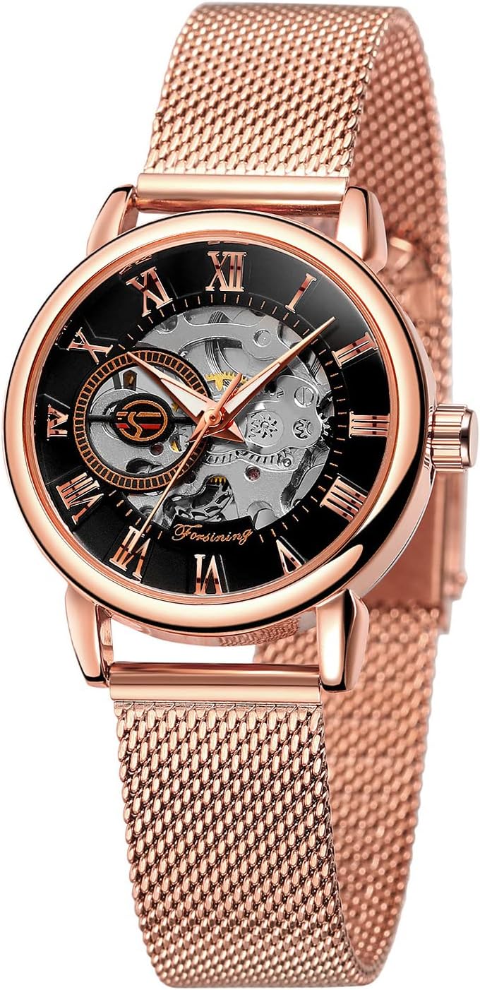 Gosasa Women's Skeleton Watch Fashion Hollow Mechanical Watch Hand-Wind Mesh Strap Luminous Roman Numeral Casual Ladies Wristwatch