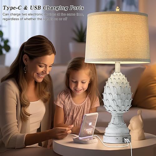 Miniatura 2 de Lámpara de mesa de granja con puerto USB A+C, lámpara de mesita de noche rústica de 27 pulgadas de alto, lámpara de mesa decorativa de brácteas