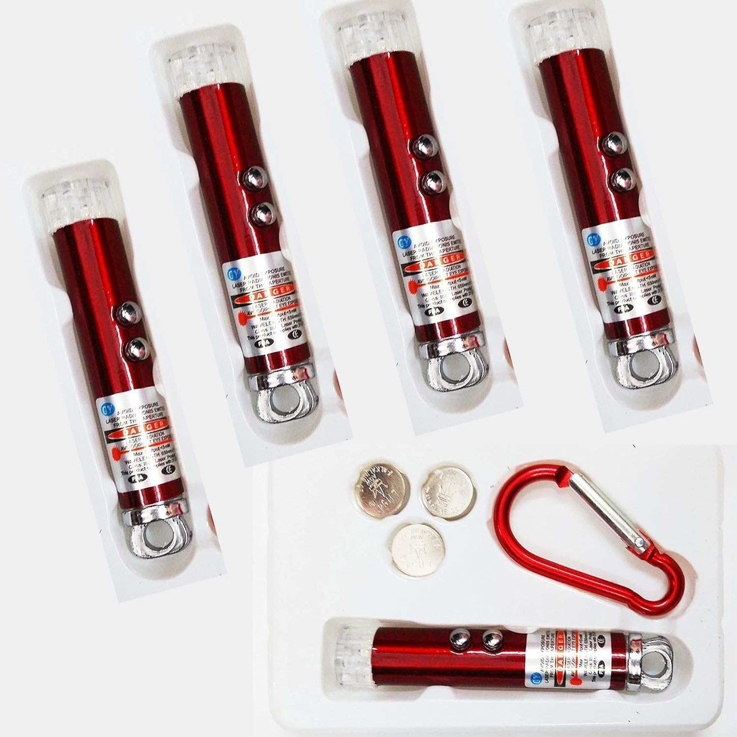 GR DESIGN® 3 in 1 Laser Pointer,Laser Torch with Emergency Hazard LED Light and Key Chain Hook (Red) with 3 Button Size Cells (Pack of 5)