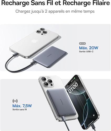 Baseus Picogo AM41 Power Bank, Ultra Slim 5000mAh Magsafe Powerbank, Ricarica Rapida PD 20W, Portatile, Magnetico Batteria Esterna Wireless con cavo USB C per iPhone 17/16/15/14/13/12, Grigio Spazio - 5
