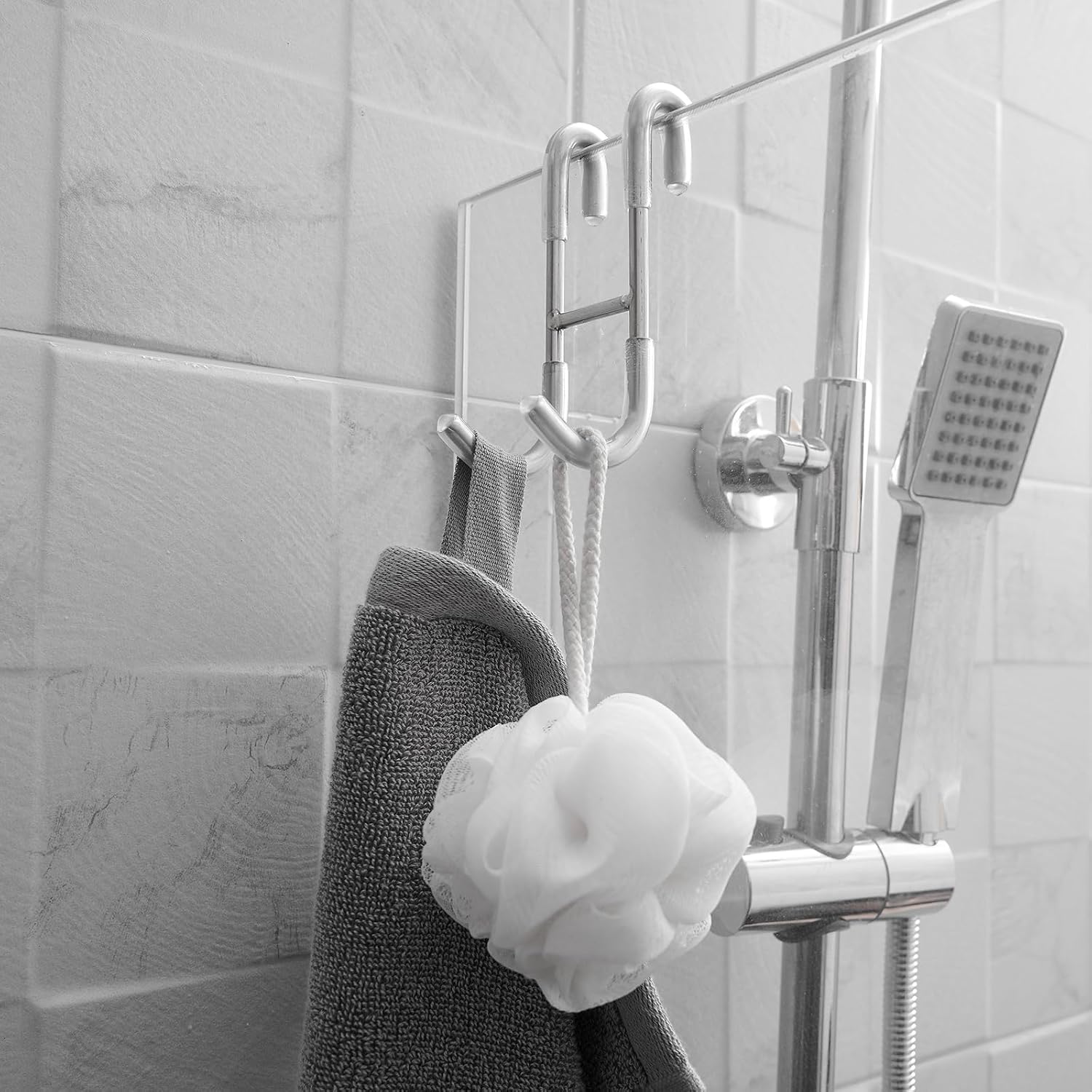 Homevacious 4 Pack Shower Door Hooks Towel Hooks for Bathroom Frameless Glass Shower Door SUS 304 Stainless Steel Drilling-Free Hanger Shower Hooks- Sliver - 4 pcs Chrome
