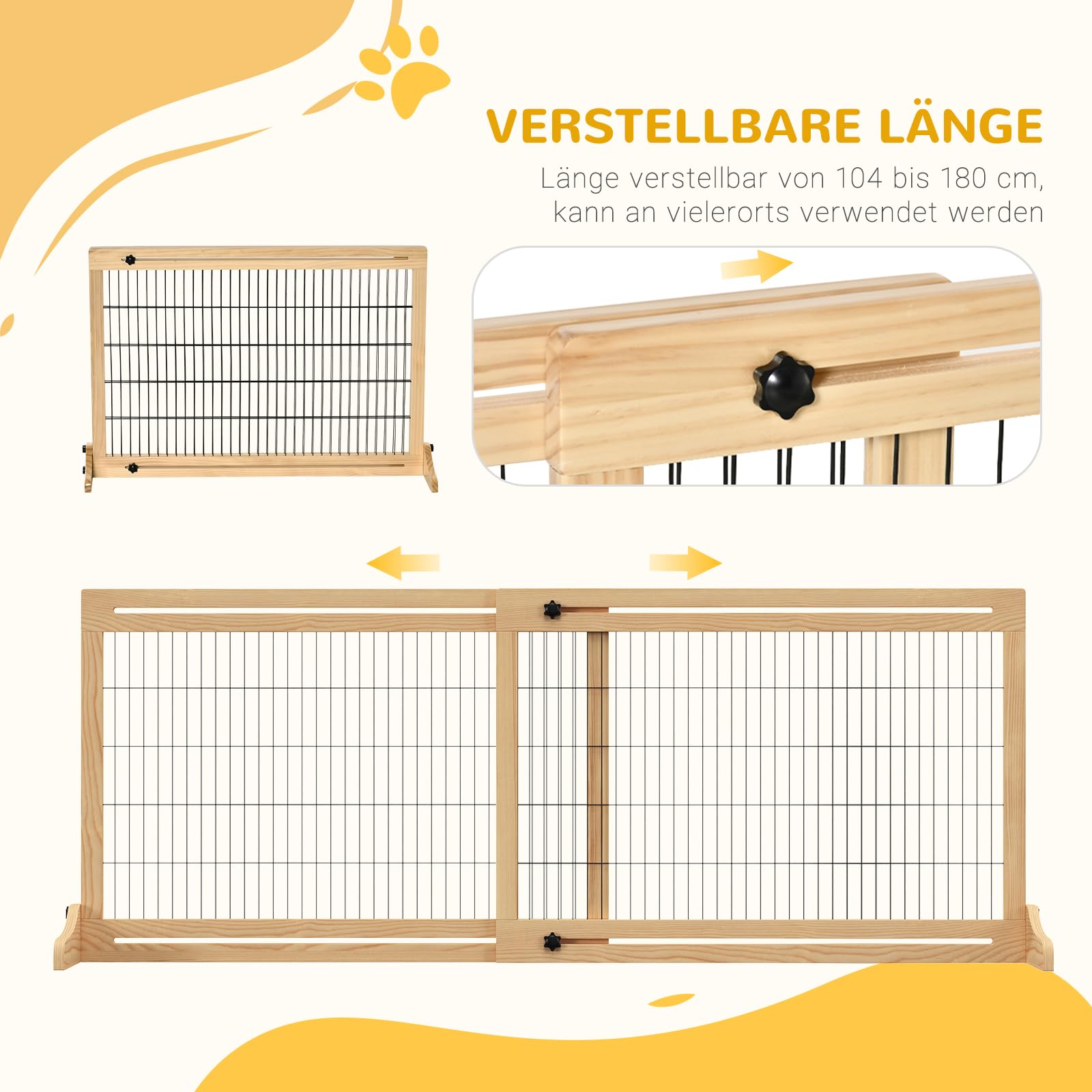 PawHut Hunde Absperrgitter aus Holz Ausziehbar104-180x36x69 cm Naturholz | Türschutzgitter mit Fußstütze, Freistehendes Hundegitter, Treppenschutzgitter, für Kamin, Ofen