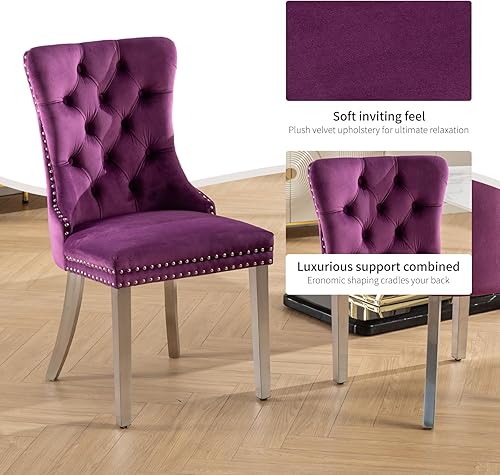 Miniatura 6 de Juego de 2 sillas de comedor de terciopelo, sillas de comedor copetudas de mediados de siglo con anillo trasero de cabeza de clavo, patas de metal,
