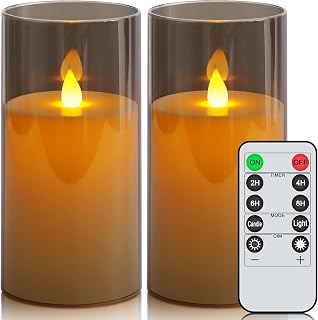 crowm Battery Operated Flickering Flameless Candles, Gray Acrylic Plastic LED Pillar Candles with Remote and Timer Electric Fake Candles for Home Party Wedding Halloween Christmas Decor, Set of 2