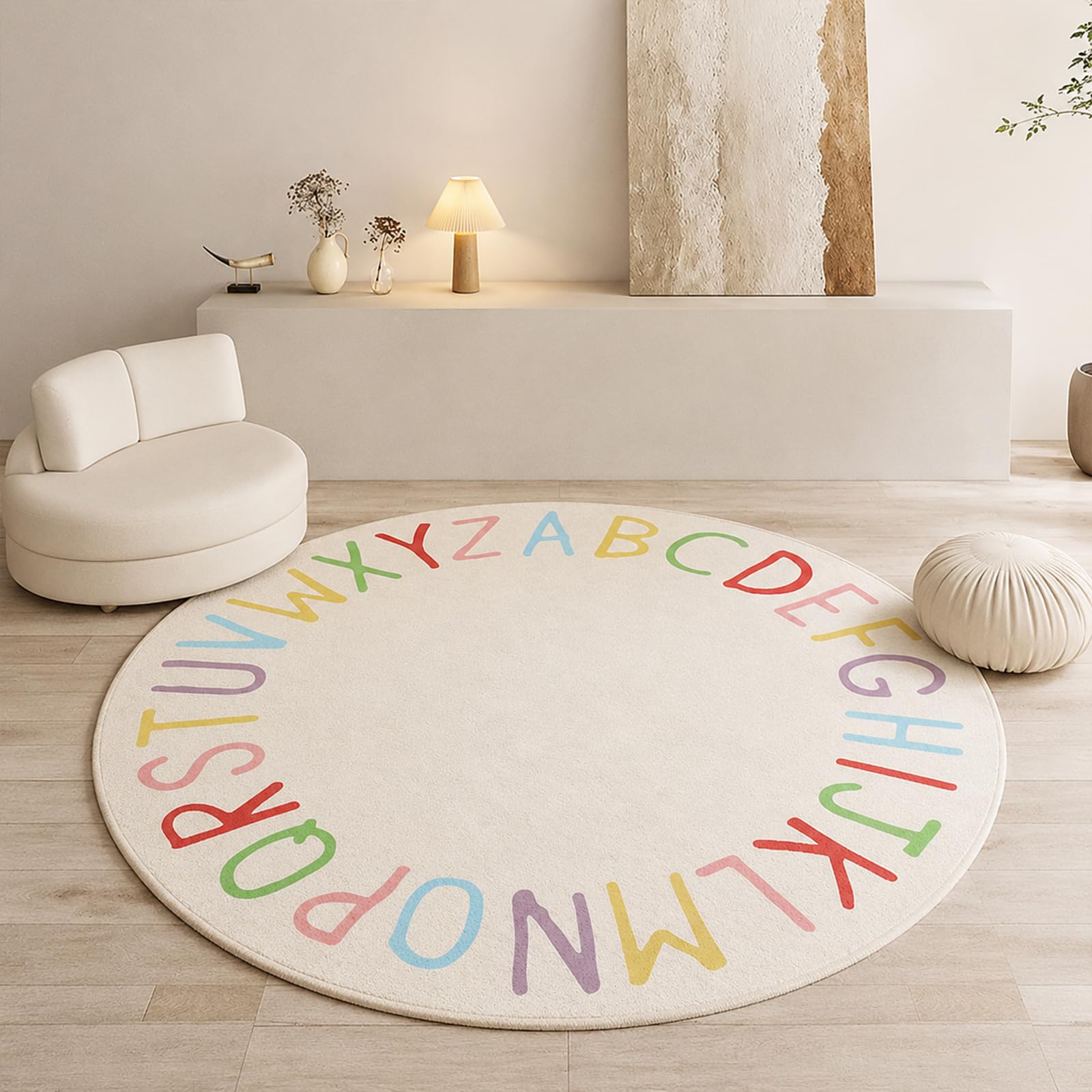 SHIPKEY Tappeti per camerette, tappeti da gioco rotondi per bambini, tappeti alfabetici colorati, tappeti per camerette per bambini, tappeti antiscivolo, tappeti per il soggiorno (120x120cm)