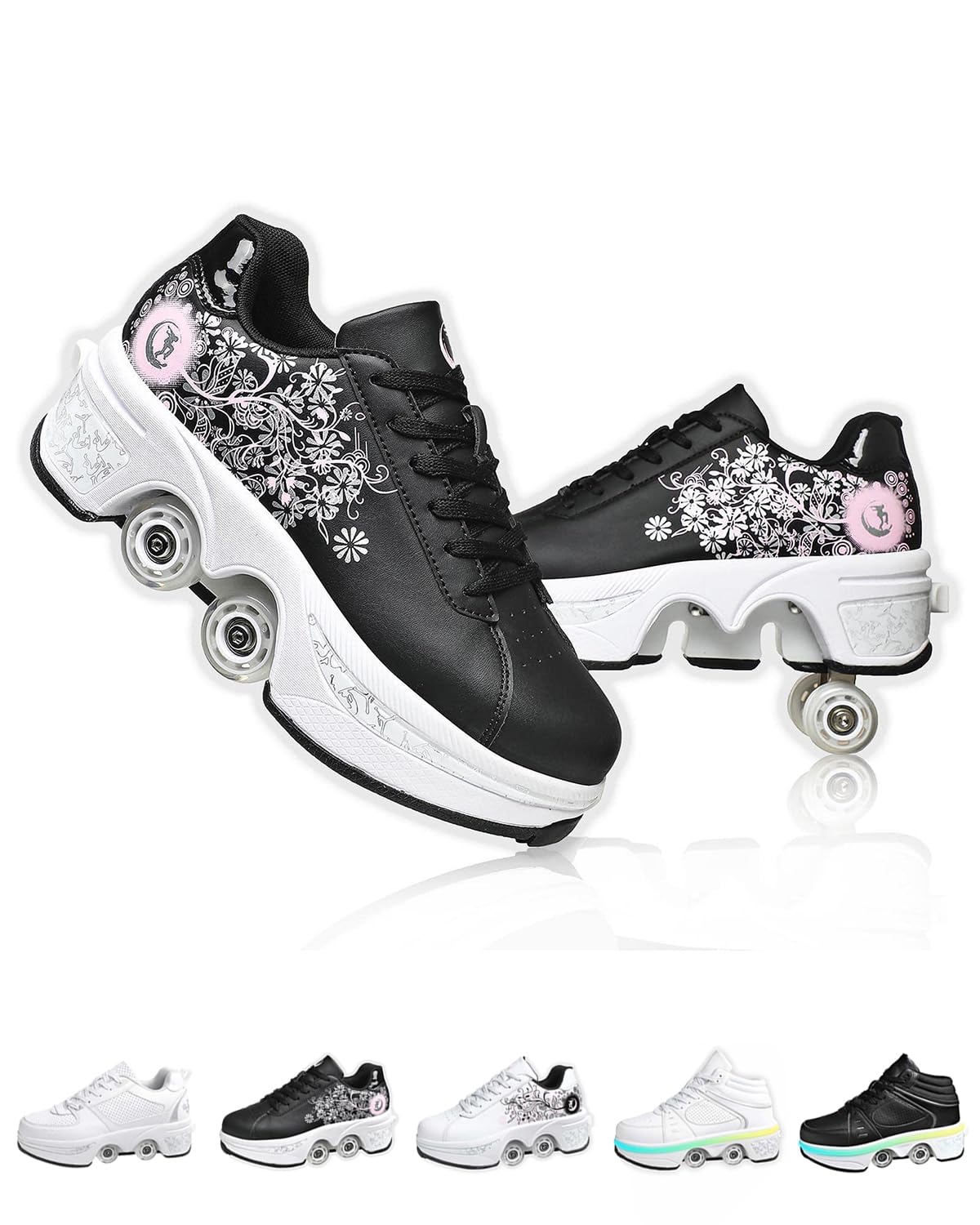2-in-1 Retractable Roller Skate Shoes for Women and Men - 4 Rounds Shoes That Turn Into Roller Skates With Removable Wheels for Girls and Boys (Pink Black, EU-34)