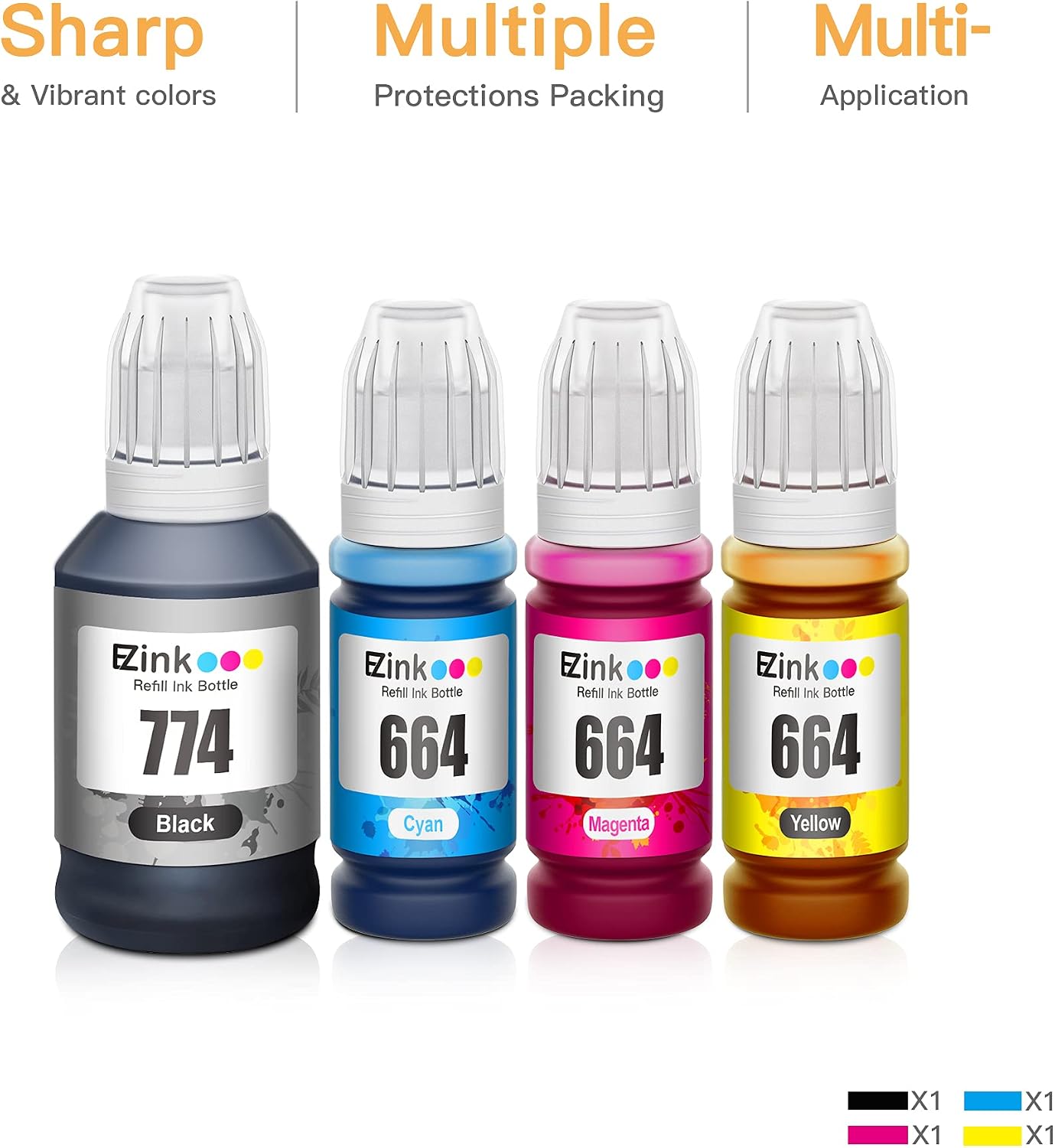 E-Z Ink (TM) Compatible Ink Bottle Replacement for Epson 774 664 T774 T664 High Yield to use with ET-2650, ET-16500, ET-4500, ET-2550, ET-3600, ET-2600, ET-4550 (Black, Cyan, Magenta, Yellow, 4 Pack