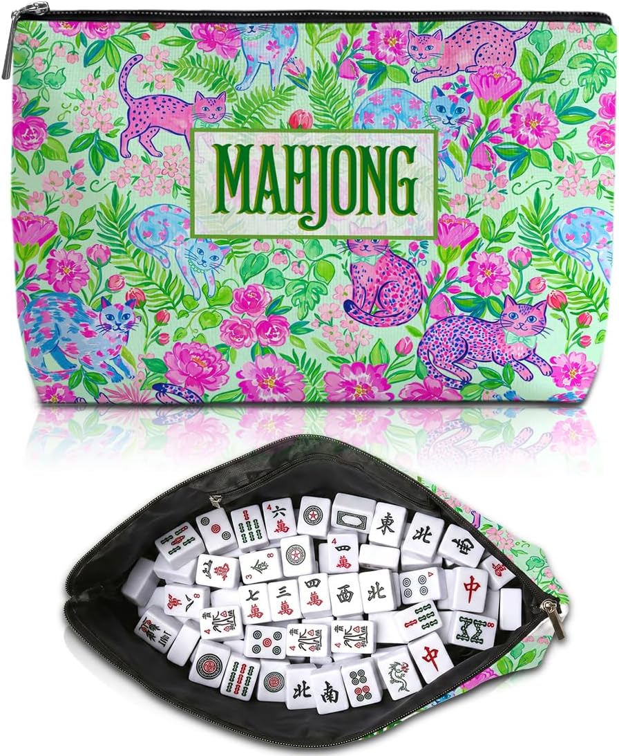 Seamless Cat Mahjong Tile Bag Colorful Makeup Bag Gift for Women(Case Only)