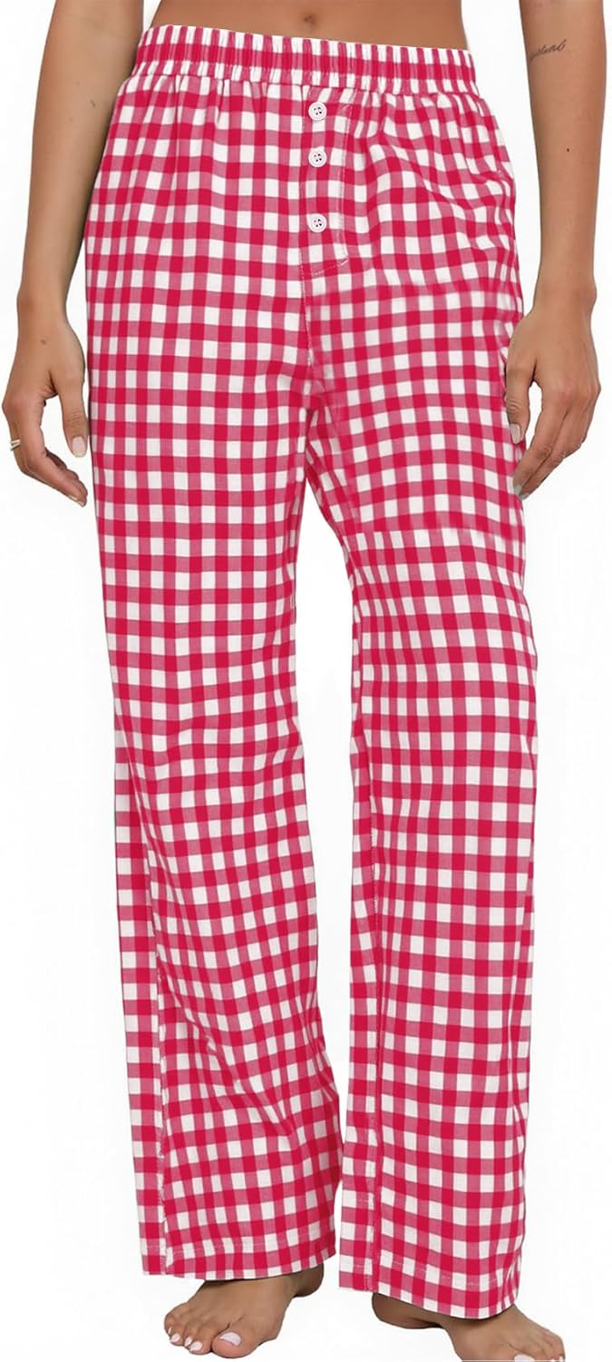 Flygo Womens Pajama Pants Wide Leg Gingham Lounge Pants Plaid Cotton Pajama Bottoms with Pockets