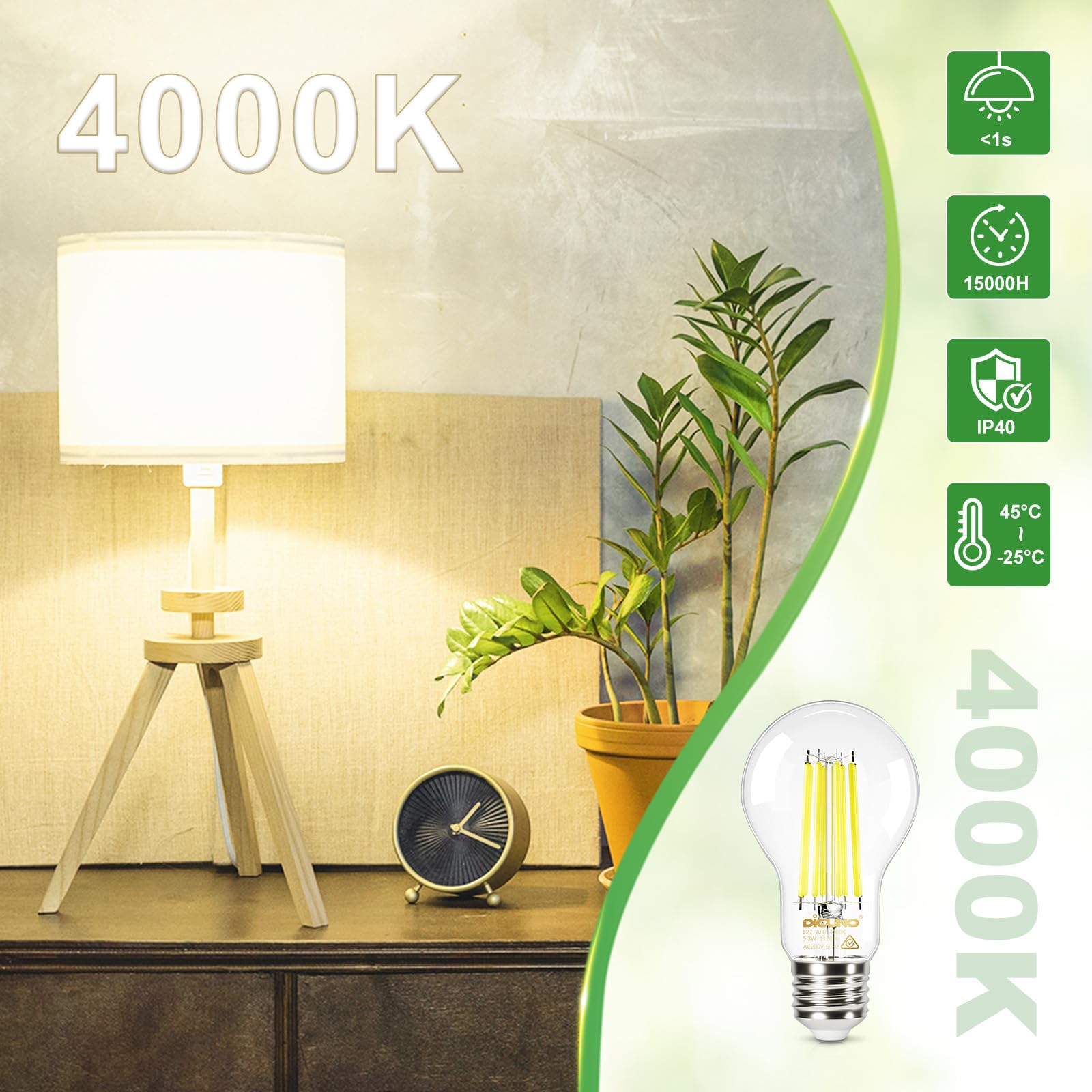 DiCUNO Bombilla LED E27 Ultra Eficiente Clase A, 5.3W=75W, 4000K, Pack de 6 | Blanco neutro, 1120lm, Vidrio, Bajo consumo, Bombilla E27 A60 de filamento Edison para colgantes, lámparas de mesa y apliques