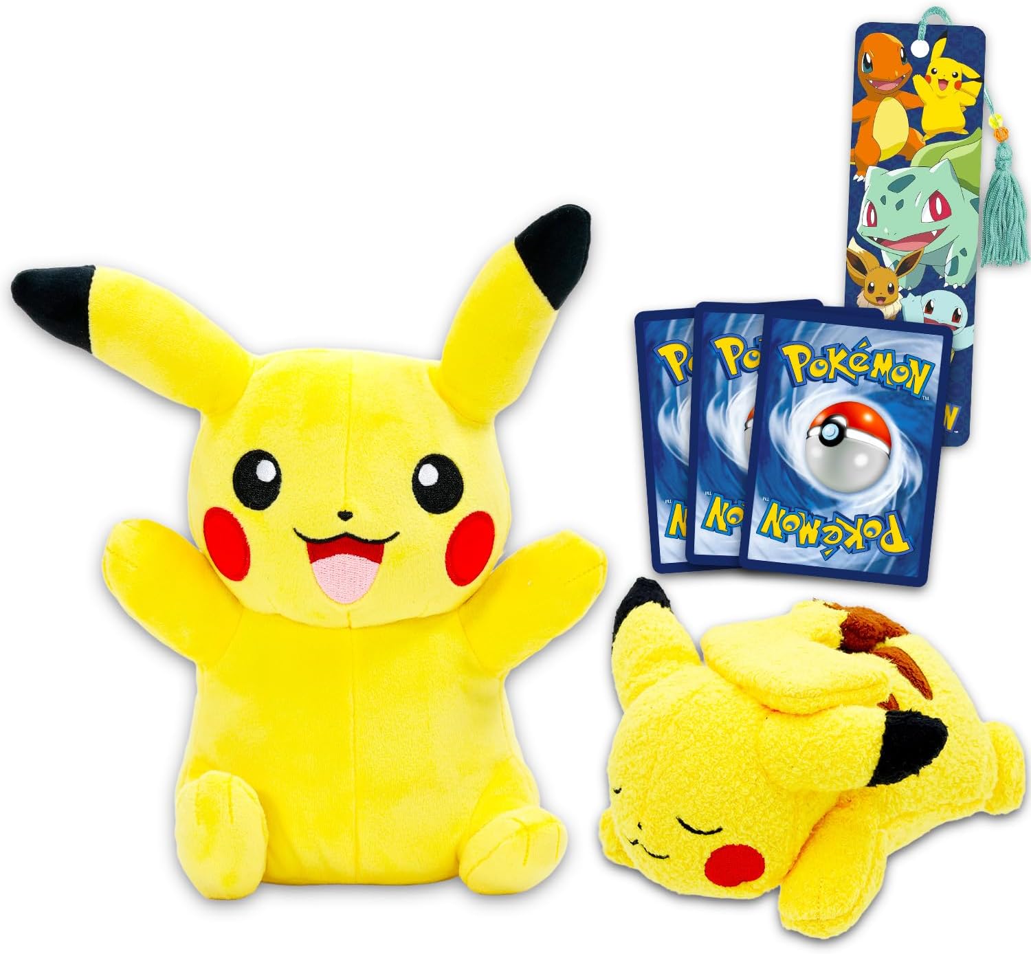 Pokemon Plushie Set - 2 Pc Bundle with 5" and 8" Pikachu Plush Figures Plus Bookmark and Trading Cards | Soft Pokemon Pikachu Stuffed Animals Pack