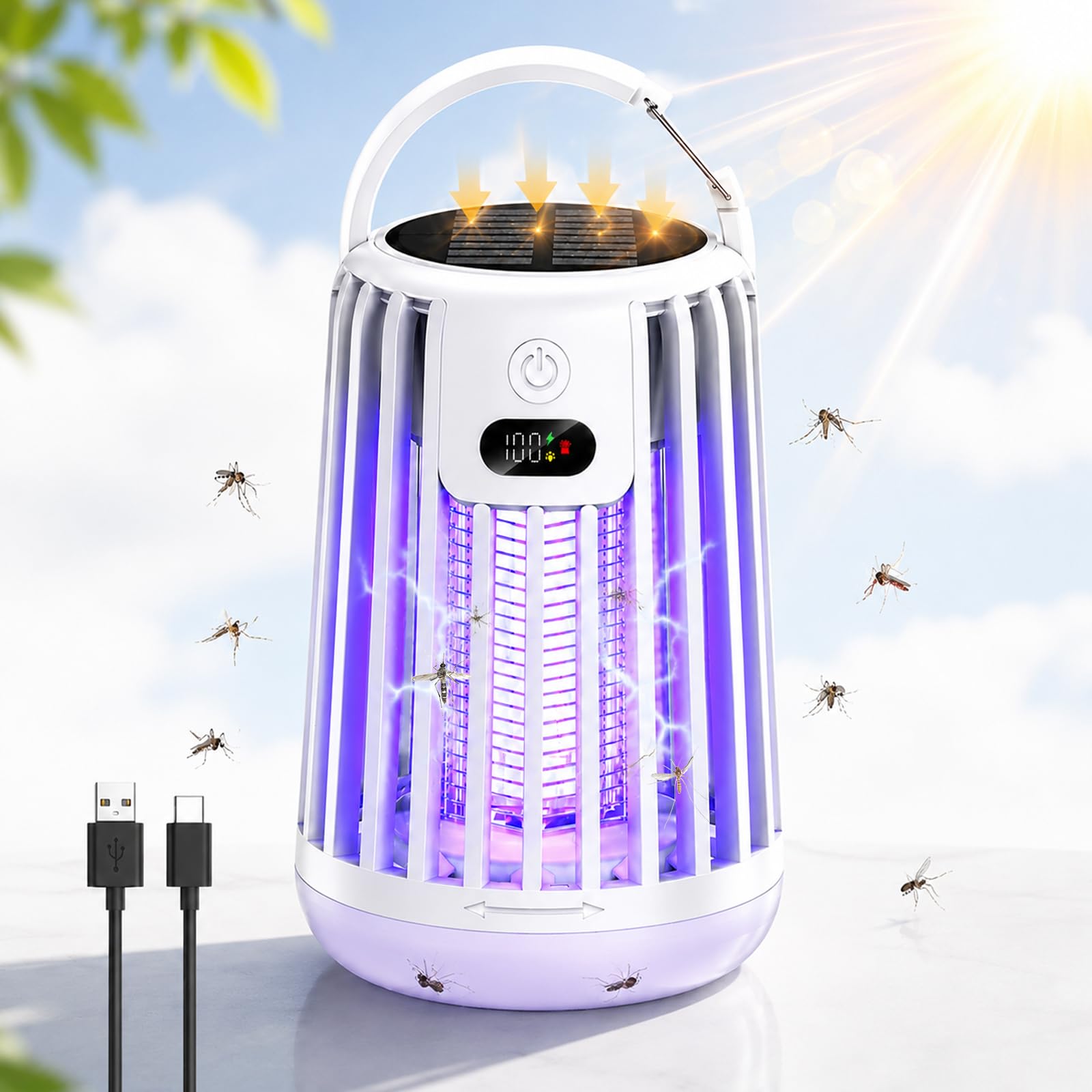 Aolete 電撃殺虫器【2026最新進化モデル・捕虫器】ソーラー＆USB-C充電式 2000mAh大容量 UV光源吸引 バイオニック蚊誘引