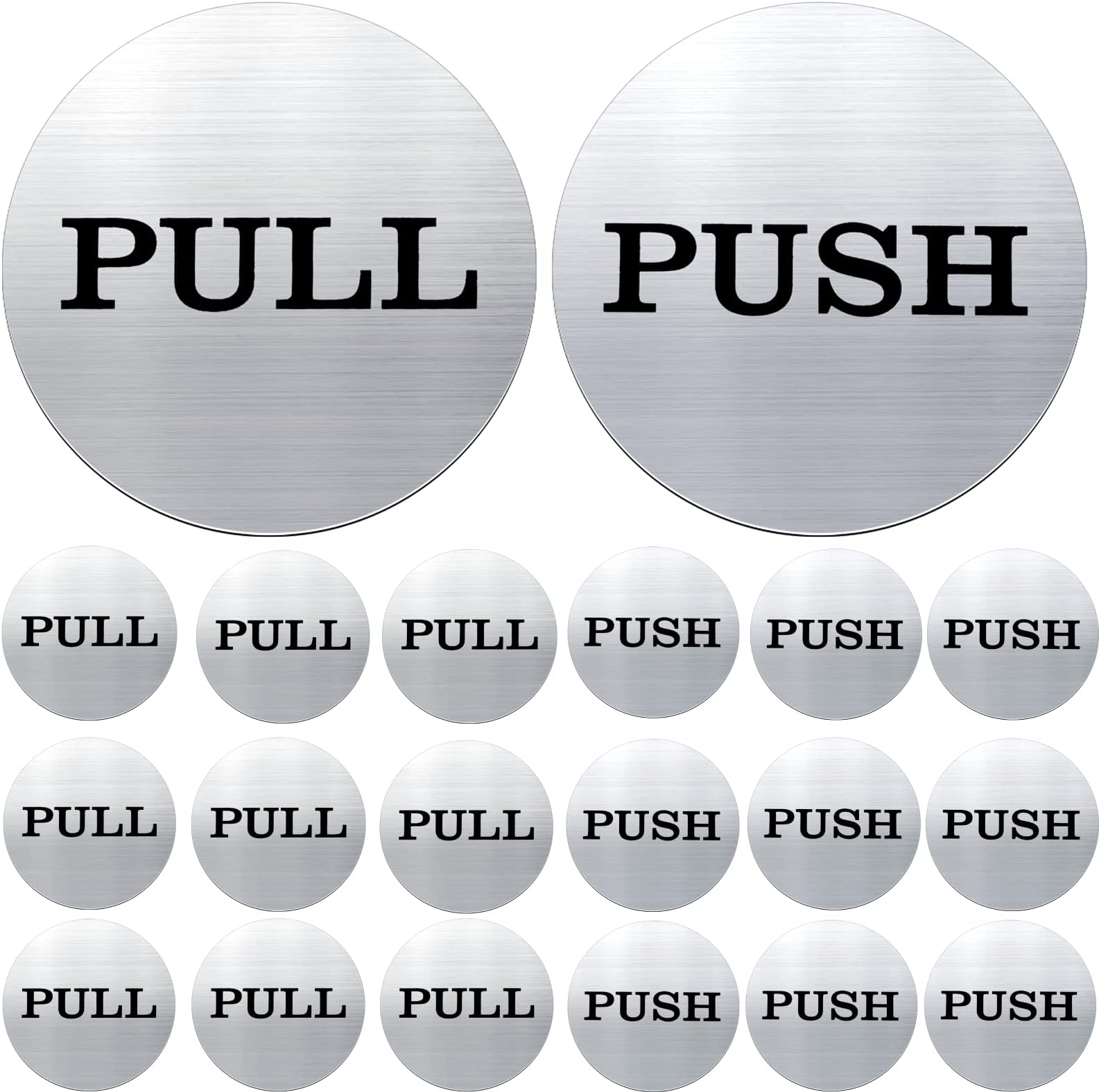 Sieral 20 Pcs 2'' Round Push Pull Door Signs 304 Stainless Steel Pull Push Door Stickers Brushed Silver Pull Push Sign Adhesive Safety Sign Decals Labels for Office Home Window Outdoor Cafe Restaurant