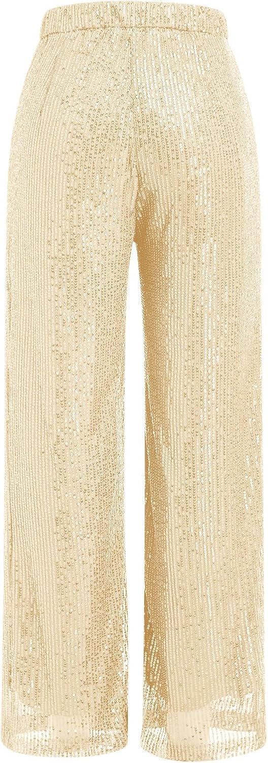 ODIZLI Womens Wide Leg Sparkle Sequin Pants Elastic High Waisted Bling Glitter Dance Pants - Image 6