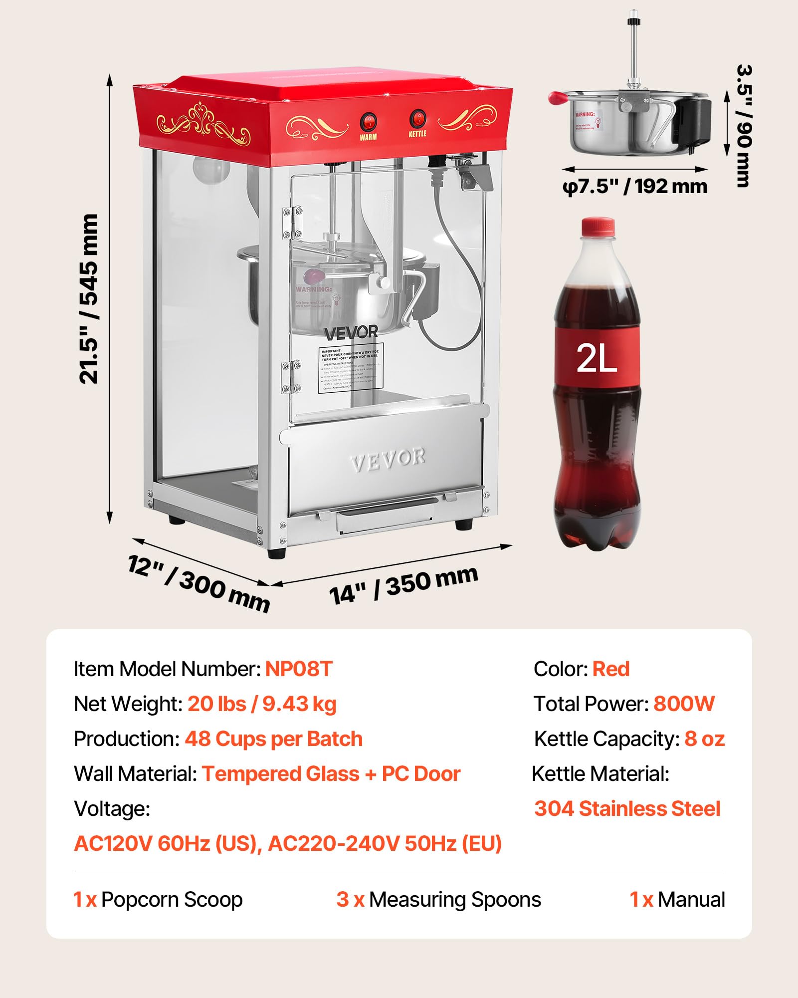 VEVOR Macchina per Popcorn, Bollitore in Acciaio Inox da 0,2 kg, 800 W, 48 Tazze per Dose, Stile Cinema, con Controllo a 2 Pulsanti, con Parete in Vetro, 1 Misurino, 3 Cucchiai, Rosso