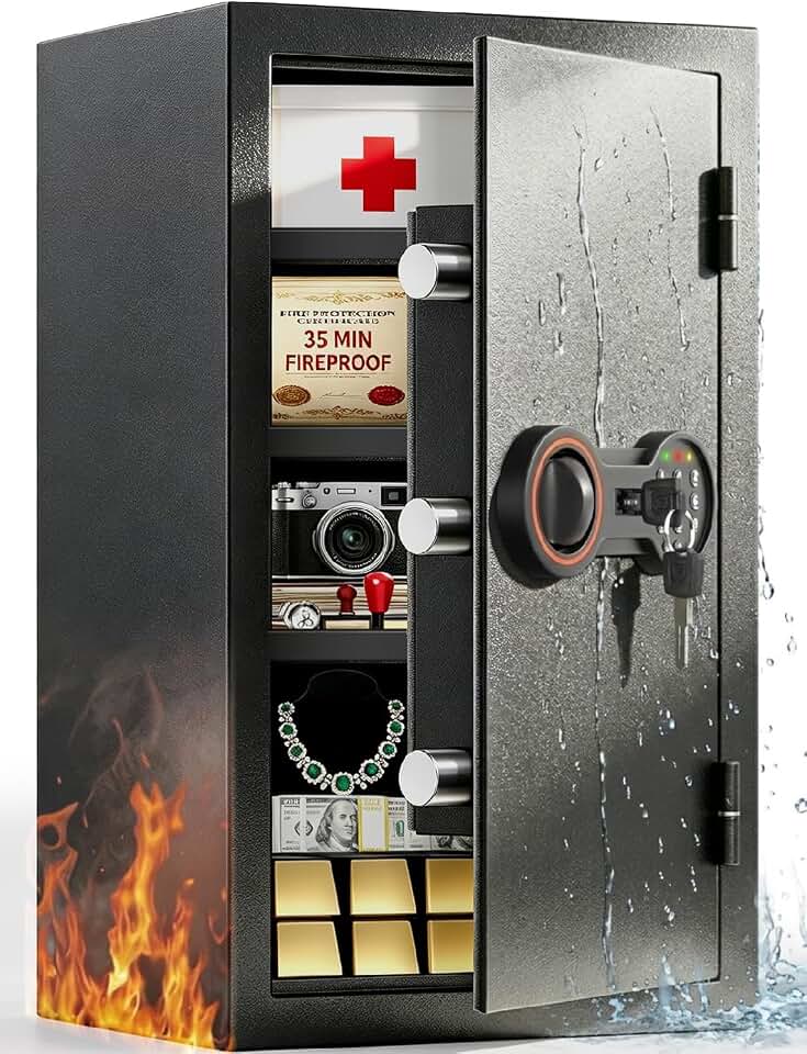 2026 35-Min 1700°F Fireproof Safe, 23.7" Tall 43Lbs Safe Box for Document | with Alarm System, LED Light, Wall Mount Fire Safe for Closet Bedroom, Safes for Home Use Fire Waterproof