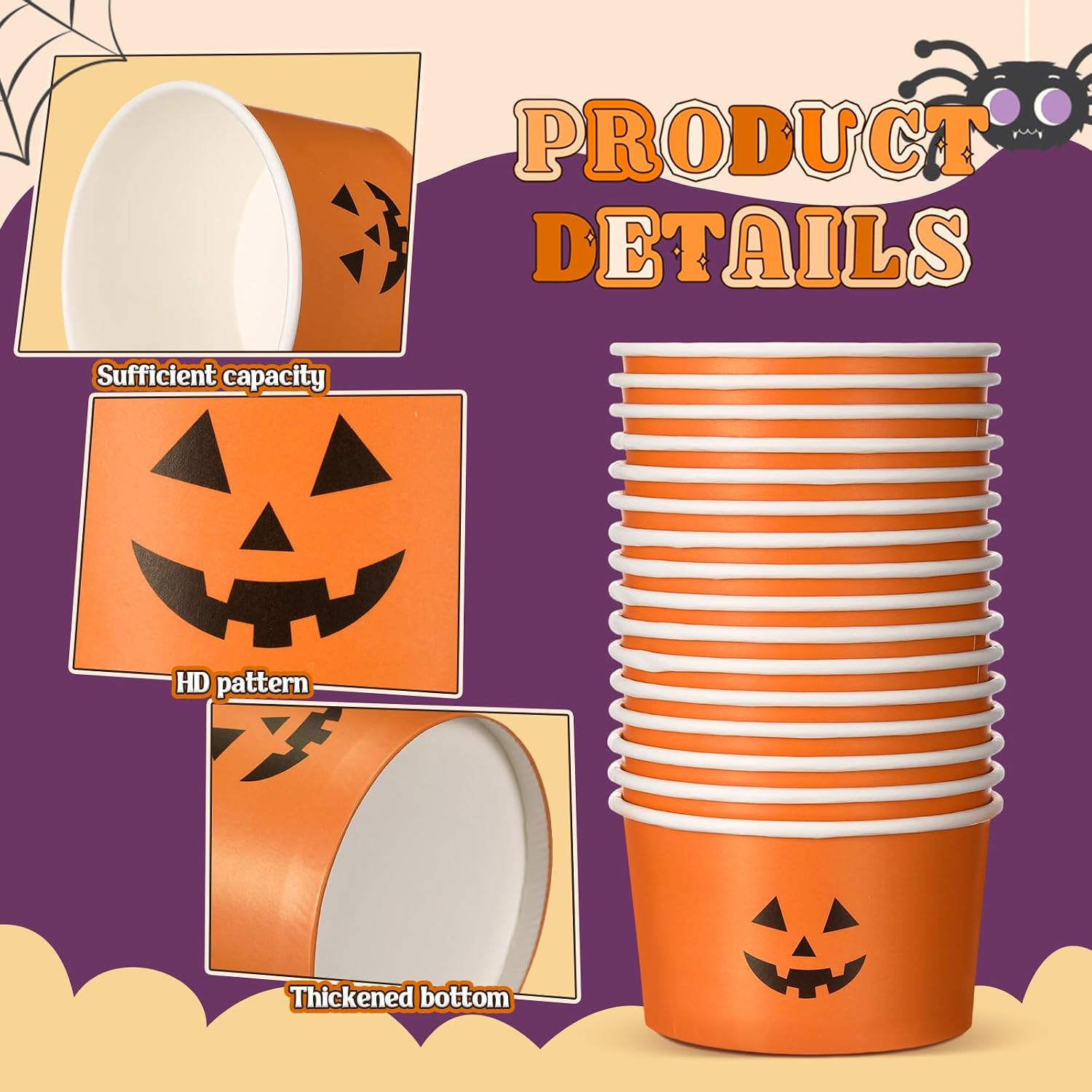 Roshtia Halloween Big Treat Snack Cups 24 Pcs 16 oz Disposable Pumpkin Bowls Black Orange Paper Cup Dessert Ice Cream Bowls for Halloween Party Favor Supply