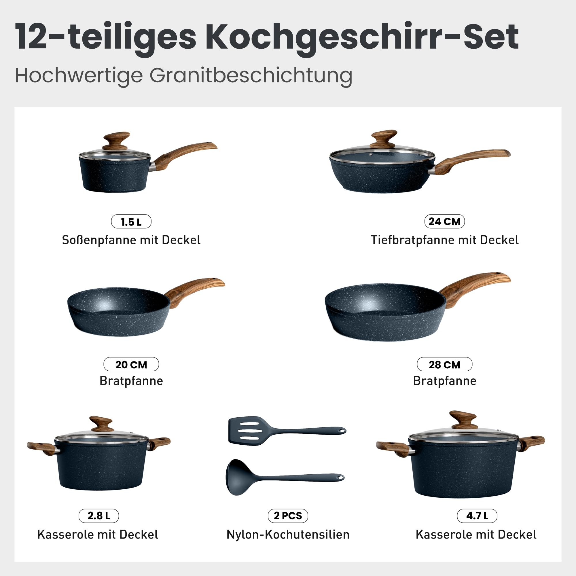 DishDelight Juego de Ollas y Sartenes 12pcs Aluminio Antiadherente Sartene Wok Cacerola con Tapas para Todas las Cocinas Inducción