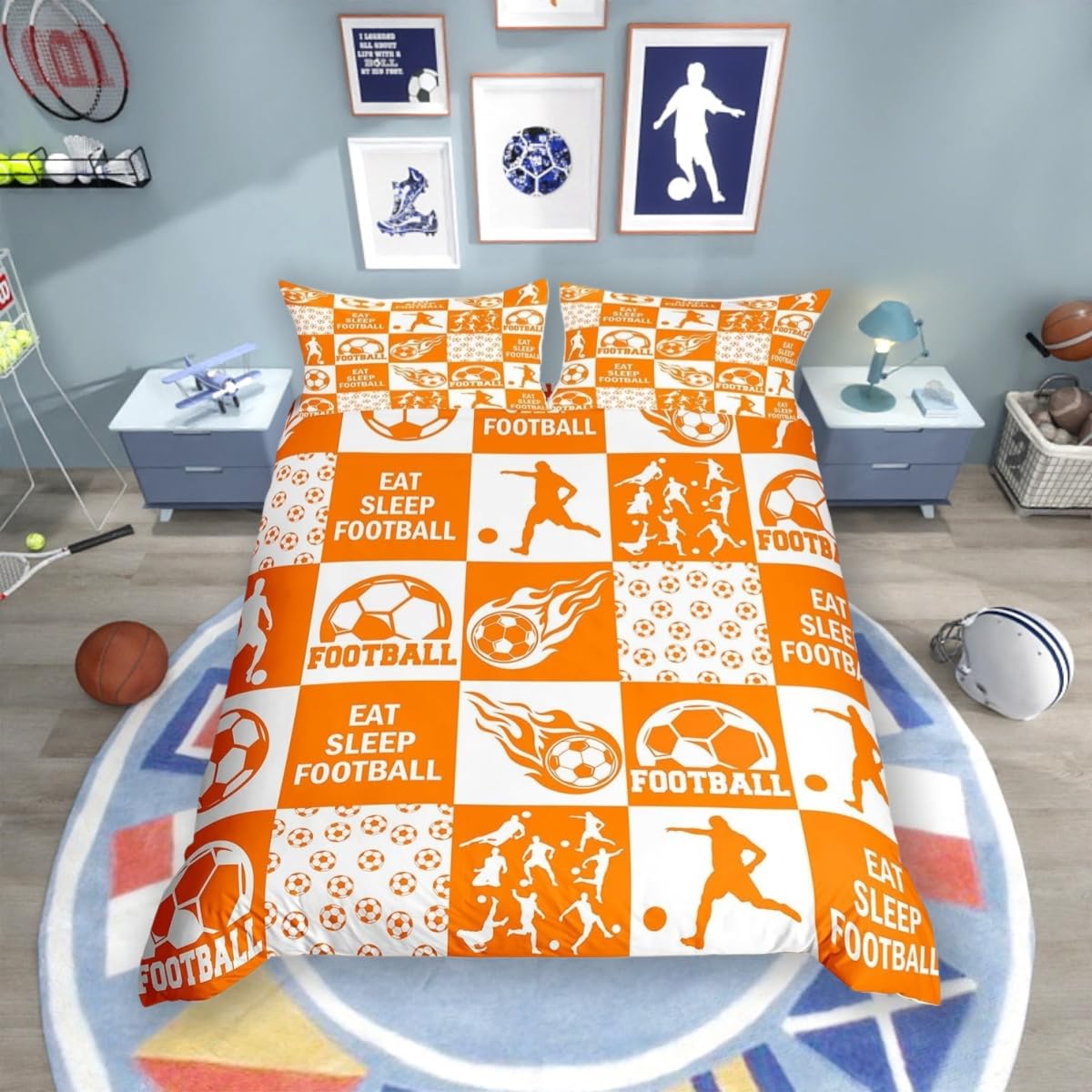 Soccer Kids Duvet Cover Set King Size,Geometric Plaids Grids Patchwork Honeycomb Bedding Set,Boys Girls Room Decor,Ball Sport Game Modern Orange Fashion Quilt Cover,2 Pillowcases(No Comforter) — image 1