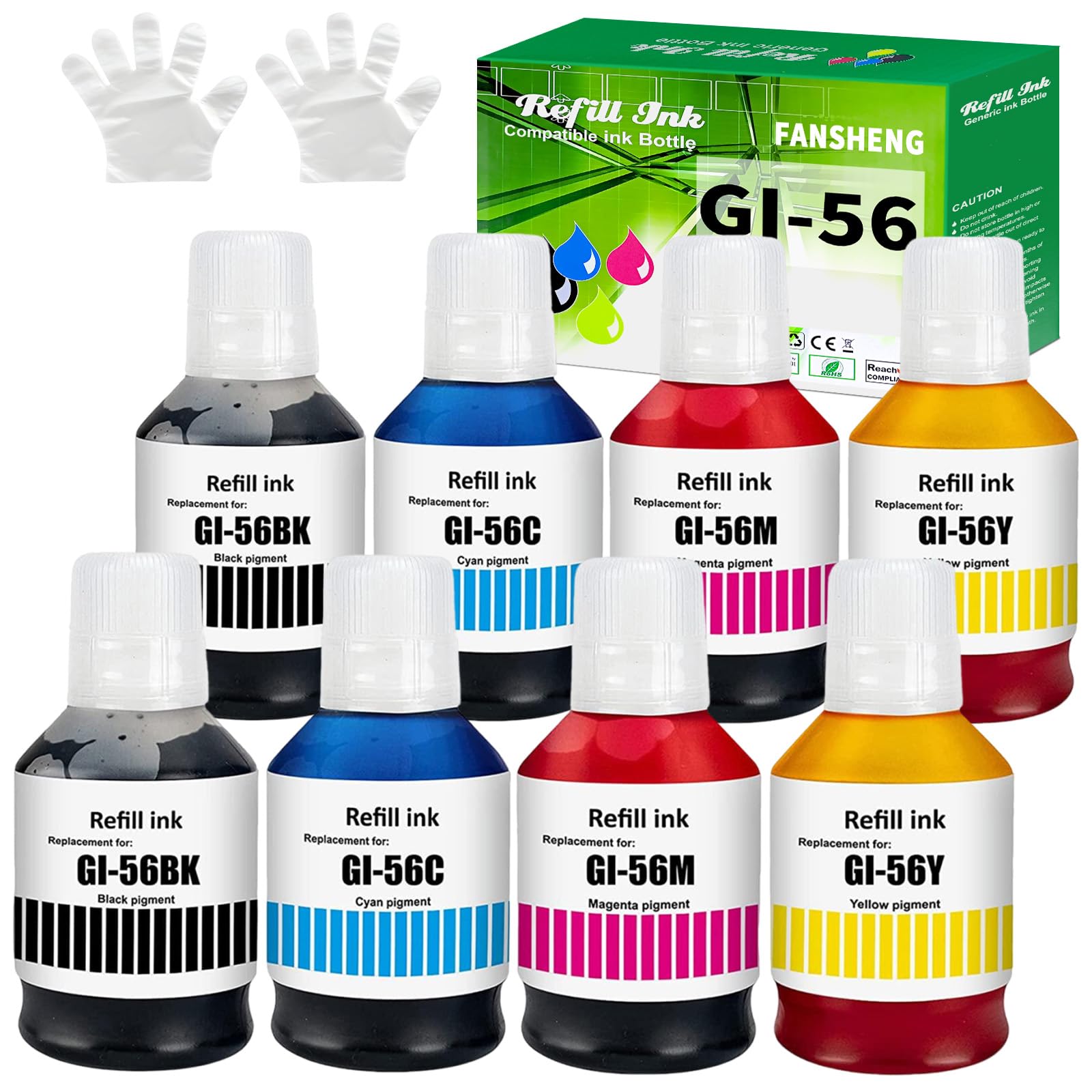 GI56 Ink Compatible with Canon GI-56 ink refill bottles for MAXIFY GX7050 GX6050 GX5050 GX4050 GX3050 (8 Pack 2 Black/ 2 Cyan/ 2 Magenta/ 2 Yellow)
