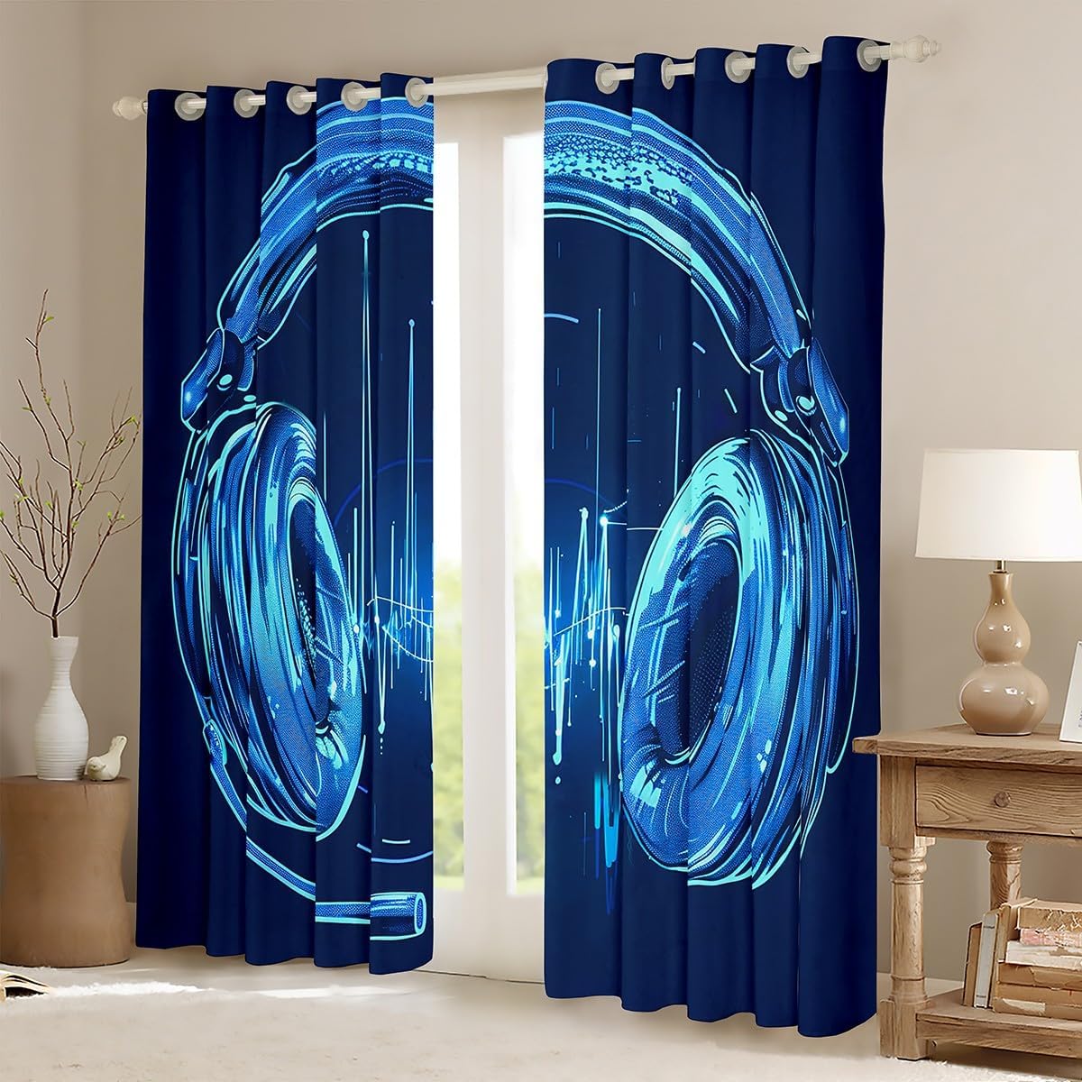 Feelyou Boys Game Headset Curtain for Kids Girls Teens Bedroom Decor Rock Music Themed Window Curtains Chic Blue Gaming Headphone Window Drapes Musical Pattern Curtains (2 Panels, 42 x 84 Inch)