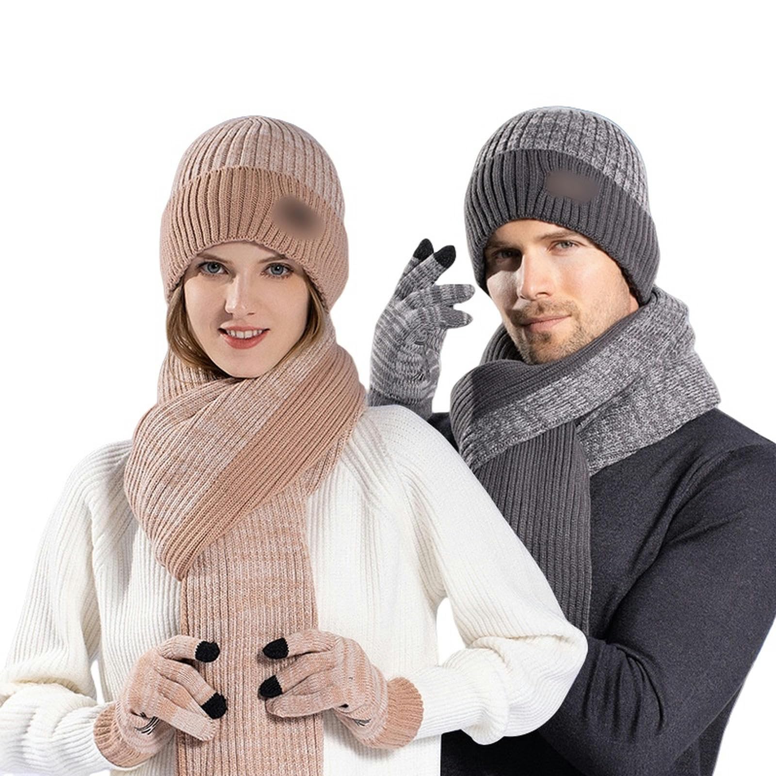 Czapka męska zimowa czapki outdoorowe, rękawiczki, szalik, plus aksamitne ciepłe nauszniki, dzianinowa wełniana czapka - czarna C