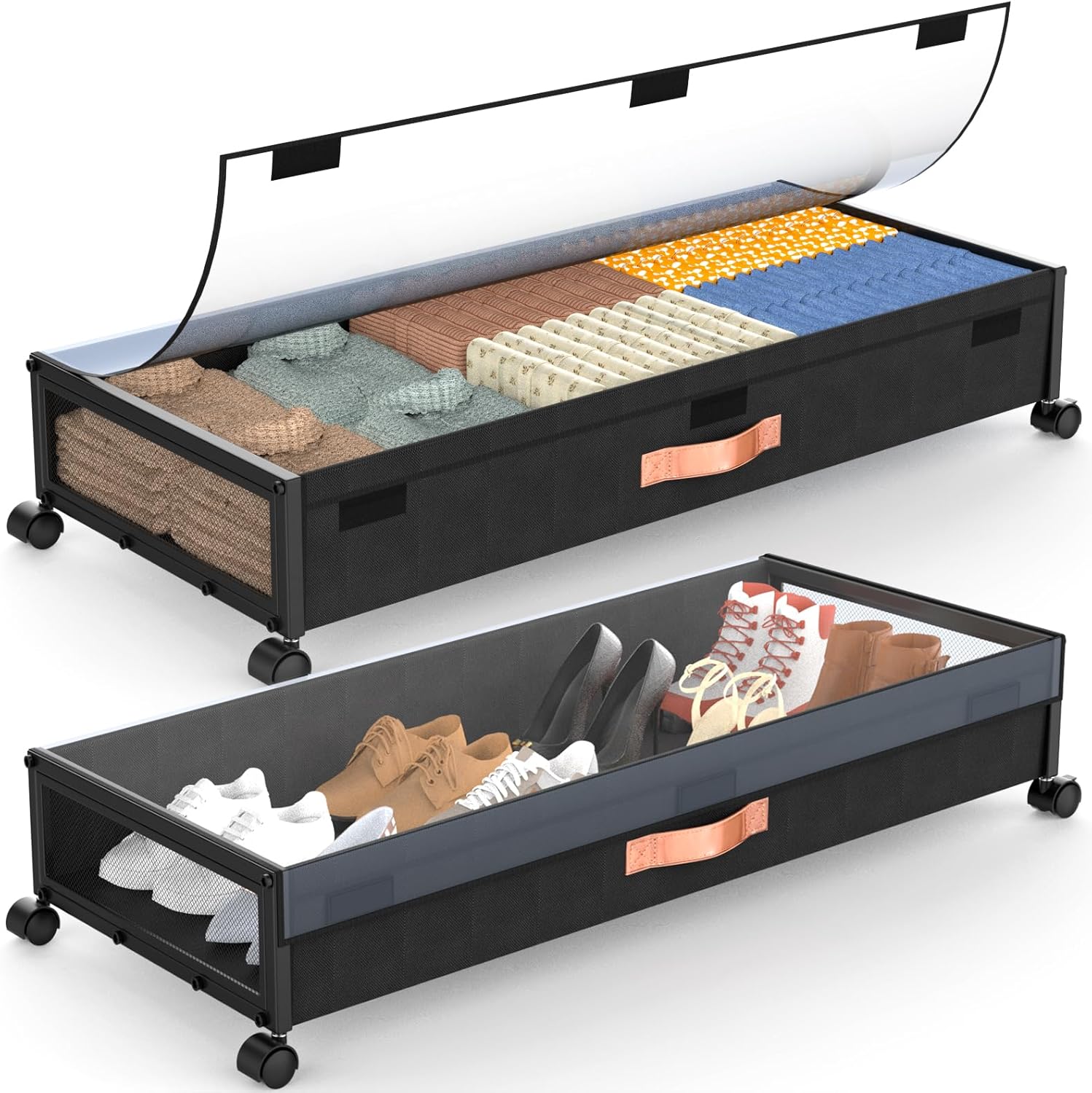 Under Bed Storage with Wheels,2-Pack Under Bed Storage Containers with Clear Lids, XXL 70L Under the bed storage Organizer Bins,Rolling Under Bed Metal Drawer for Clothes,Shoes (36"x16.6"x7.28")